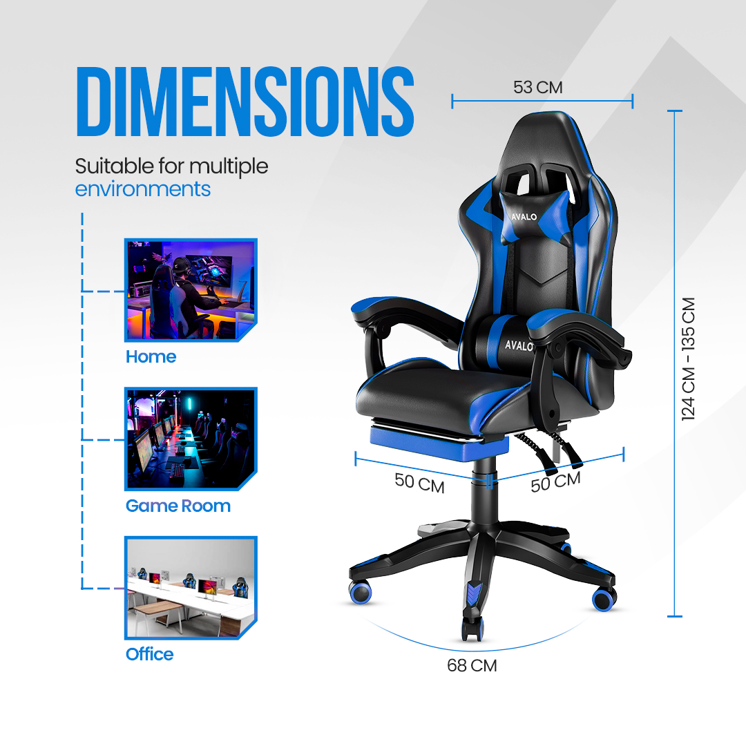 Une chaise de jeu noire et bleue avec dimensions. Elle a un appui-tête et un repose-pieds. Convient pour la maison, salle de jeux et bureau.