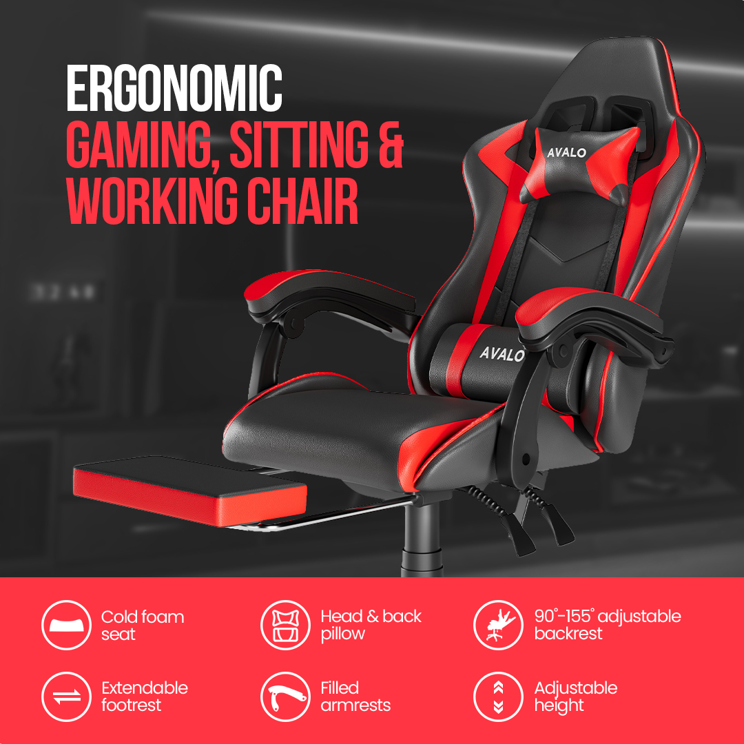 A black and red ergonomic gaming chair with a footrest. Features include adjustable height, head and back pillows, and armrests.