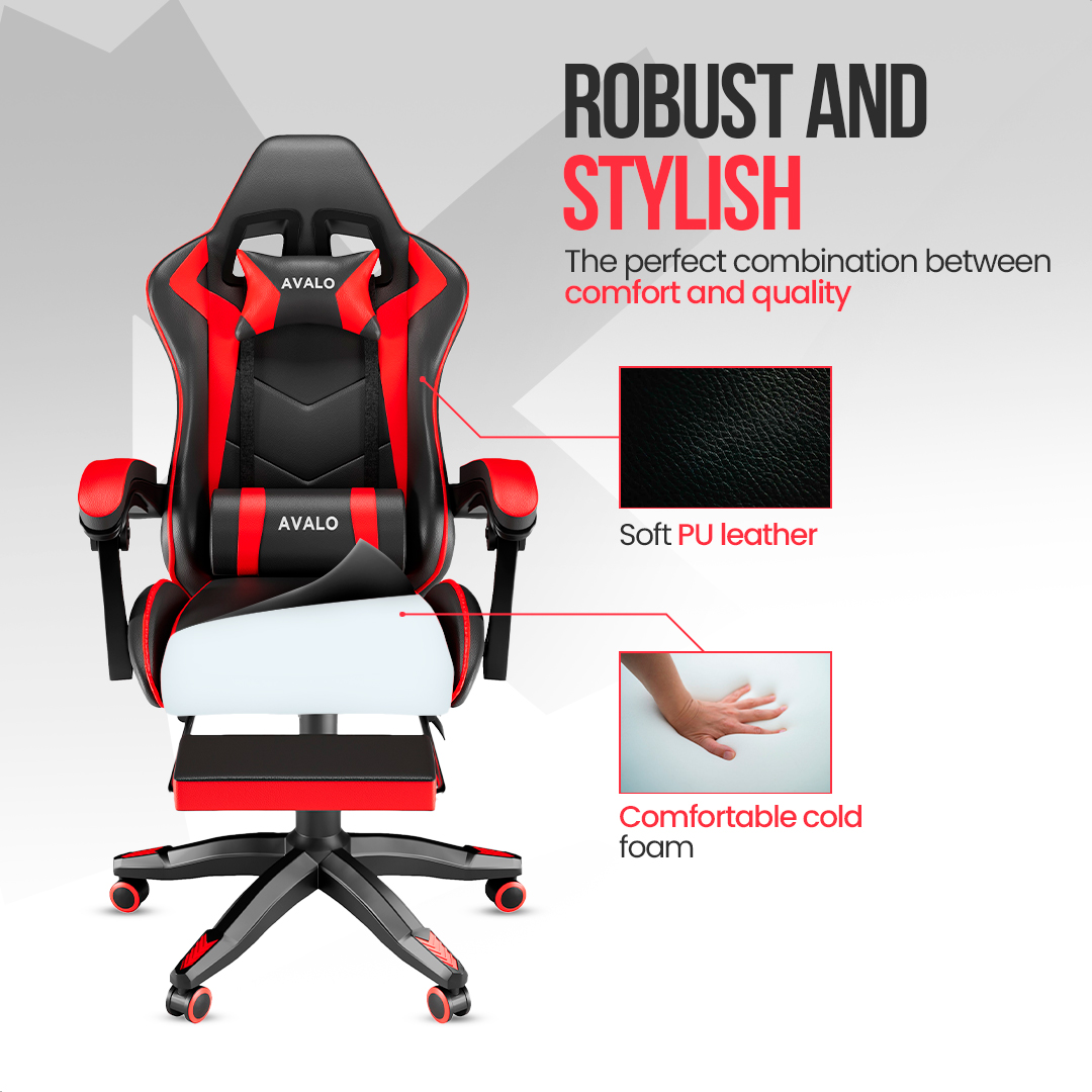 A gaming chair with black and red design. It features a headrest, armrests, and a footrest. The text on the chair says AVALO.