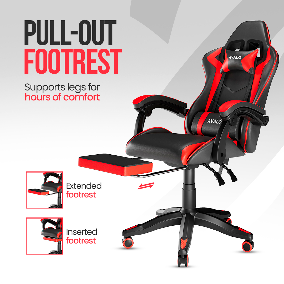 Black and red gaming chair with a pull-out footrest. Includes extended and inserted footrest options. The chair has the brand name AVALO.