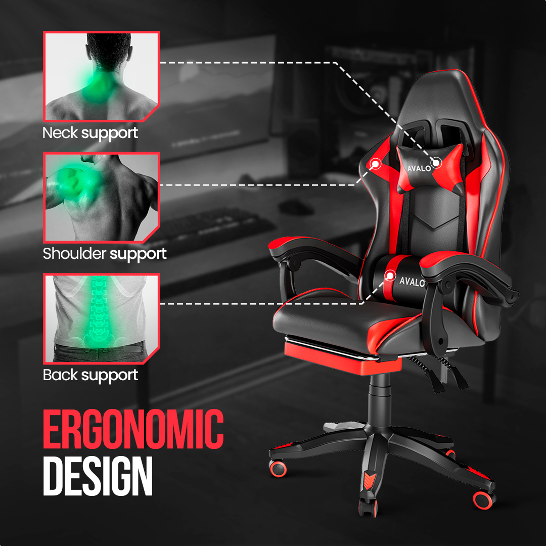 An ergonomic gaming chair in black and red, with neck, shoulder and back support indicated. Text reads "ERGONOMIC DESIGN".
