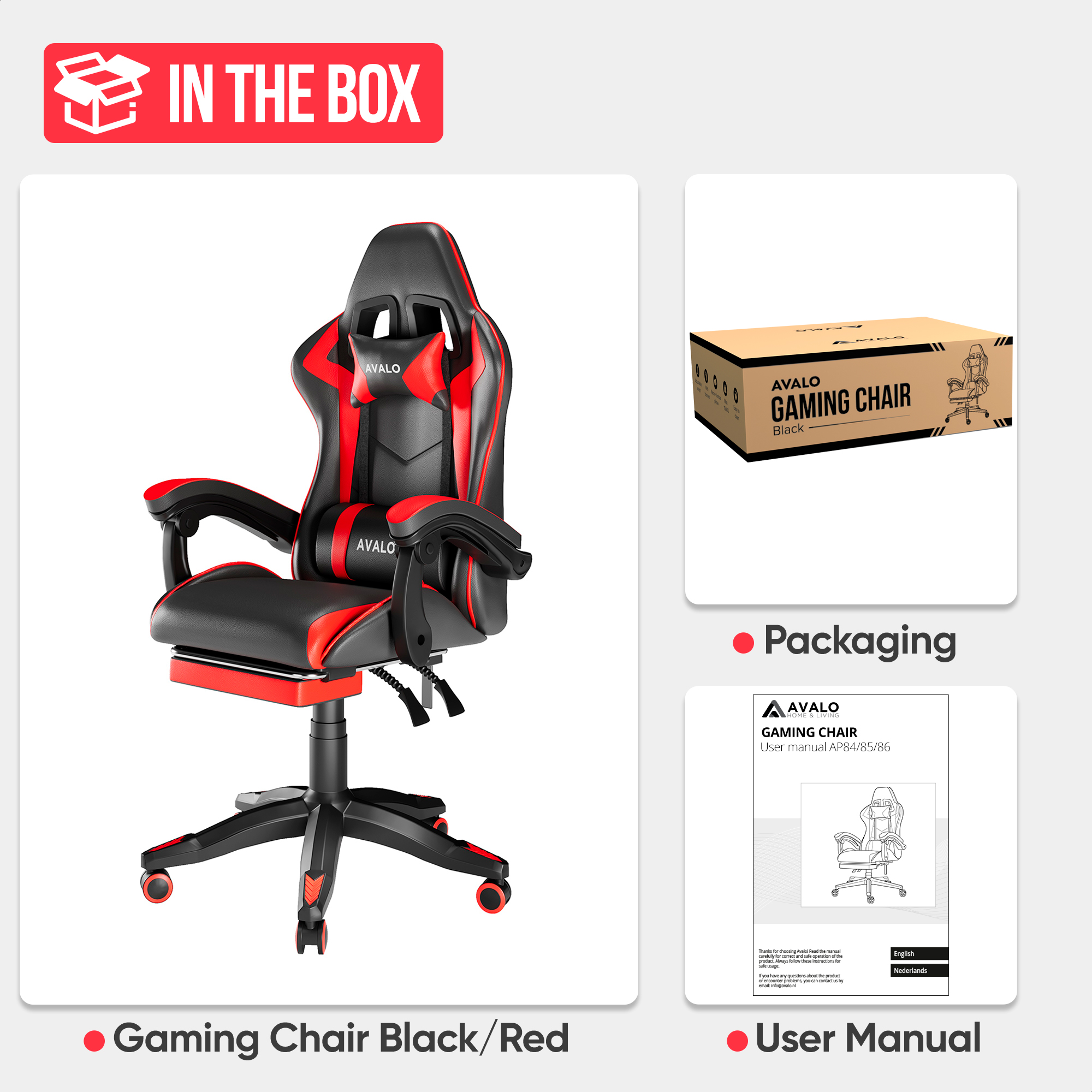 Black and red gaming chair, box, and user manual are shown. The chair is labeled 'AVALO'.
