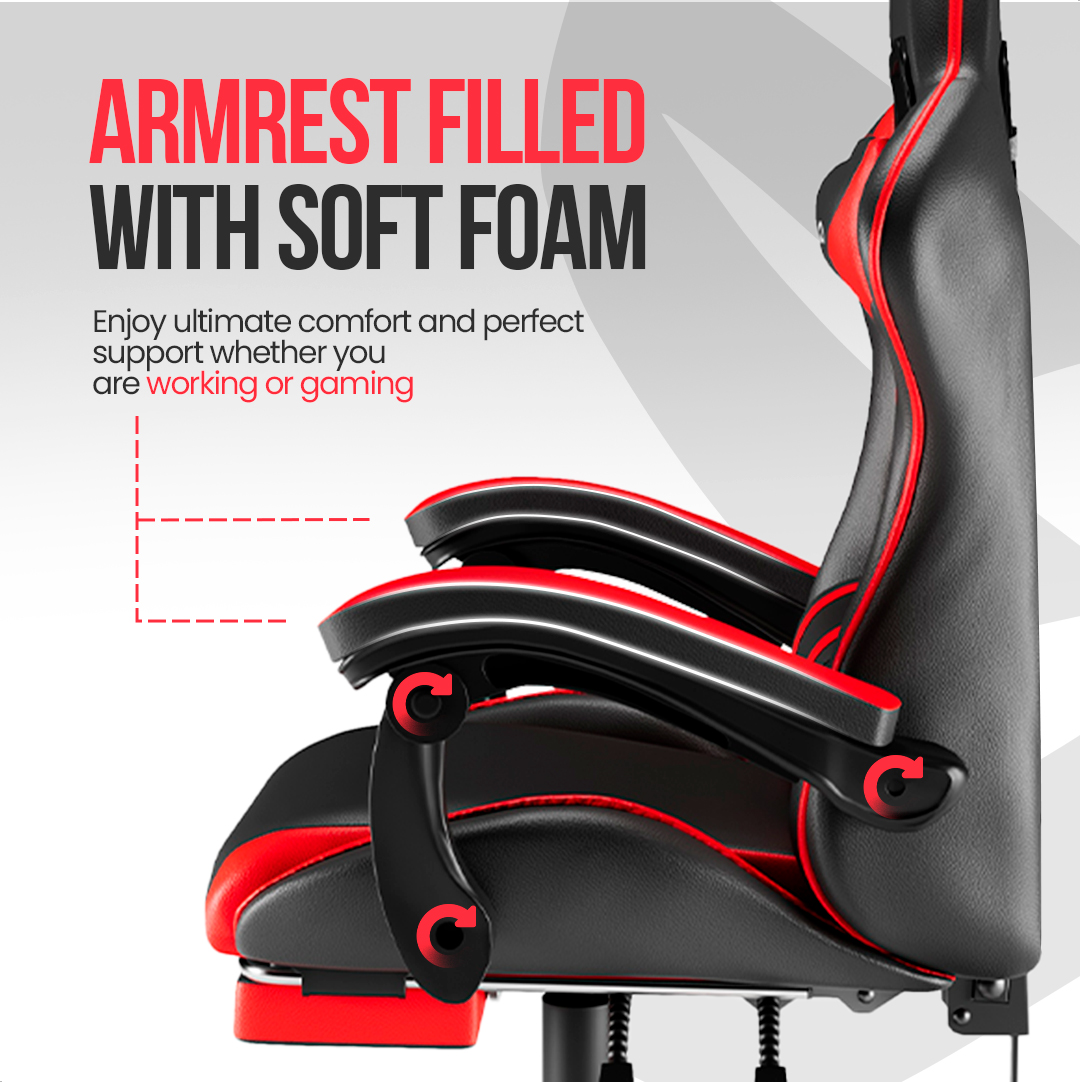 Close-up of a gaming chair with black and red accents. Text states "ARMREST FILLED WITH SOFT FOAM" and mentions comfort and support.