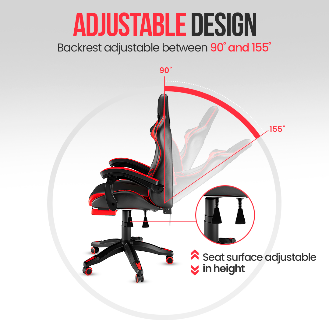 A black and red gaming chair. It shows the backrest adjustable between 90 and 155 degrees and the seat surface adjustable in height.