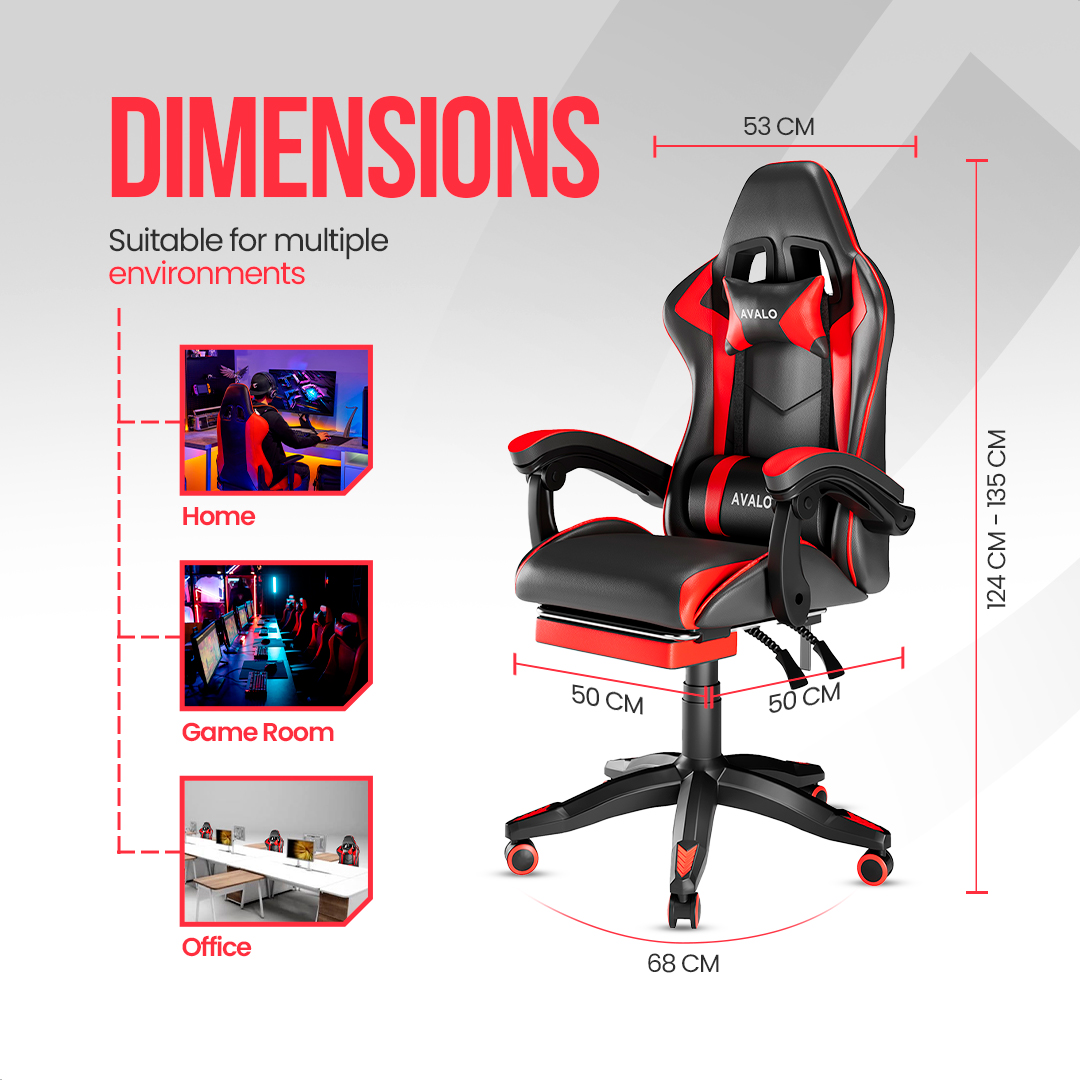 A black and red gaming chair with dimensions labeled. It's suitable for home, game room, and office use. Dimensions are highlighted.