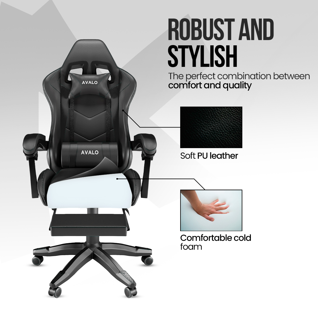 A black and white gaming chair with headrest and footrest. Text says 'ROBUST AND STYLISH', 'Soft PU leather' and 'Comfortable cold foam'.