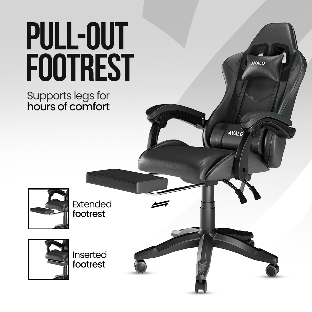 Black gaming chair with pull-out footrest. Text reads: PULL-OUT FOOTREST Supports legs for hours of comfort. Extended and Inserted footrest.