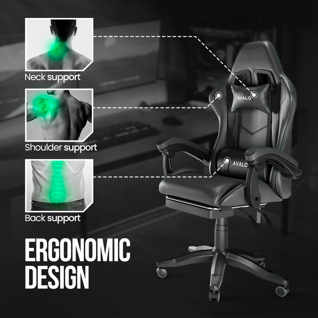 An ergonomic gaming chair with neck, shoulder, and back support highlighted, showcasing its design. The text 'ERGONOMIC DESIGN' is below.