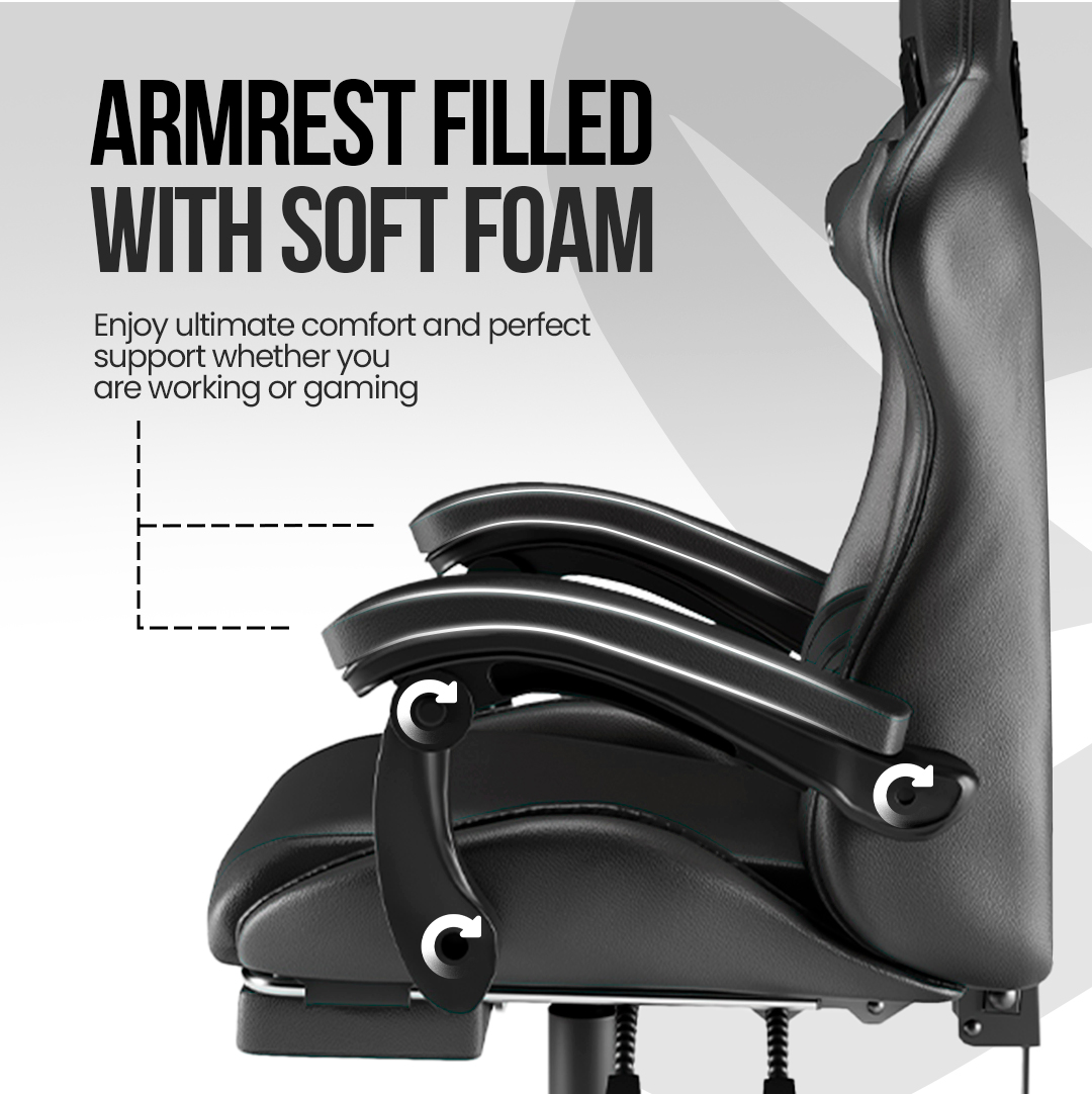 Black gaming chair with text 'ARMREST FILLED WITH SOFT FOAM'.  Arrows show armrest adjustability. Text promotes comfort and support.