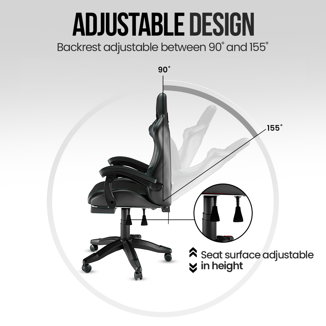 Black gaming chair with adjustable backrest (90-155 degrees) and seat height. Text reads: Adjustable Design.