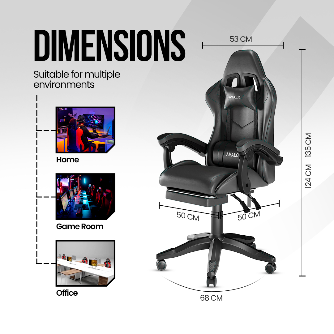 Black gaming chair with dimensions labeled, including height and width. Shows examples of use in home, game room, and office settings.