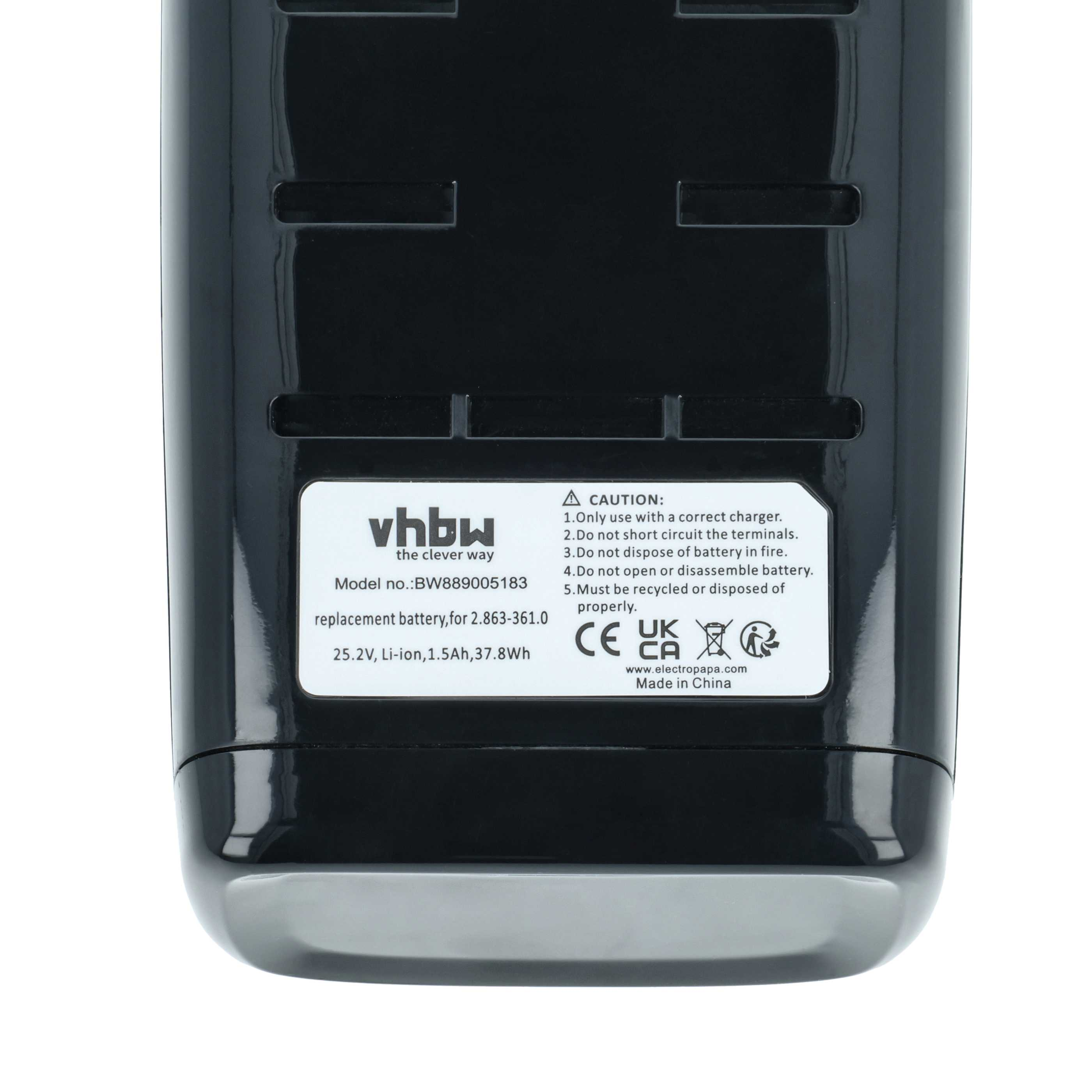 Schwarzer Akku mit weißem Etikett mit Produktinformationen und Warnhinweisen. Enthält das vhbw-Logo und die CE-Kennzeichnung.