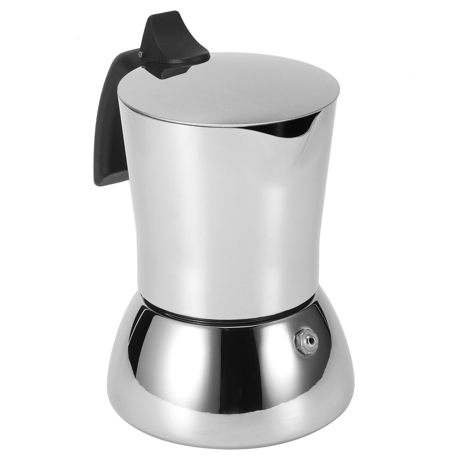 Glänzender silberner Espressokocher mit schwarzem Griff auf weißem Hintergrund. Es ist ein klassischer Herdplatten-Kaffeekocher.