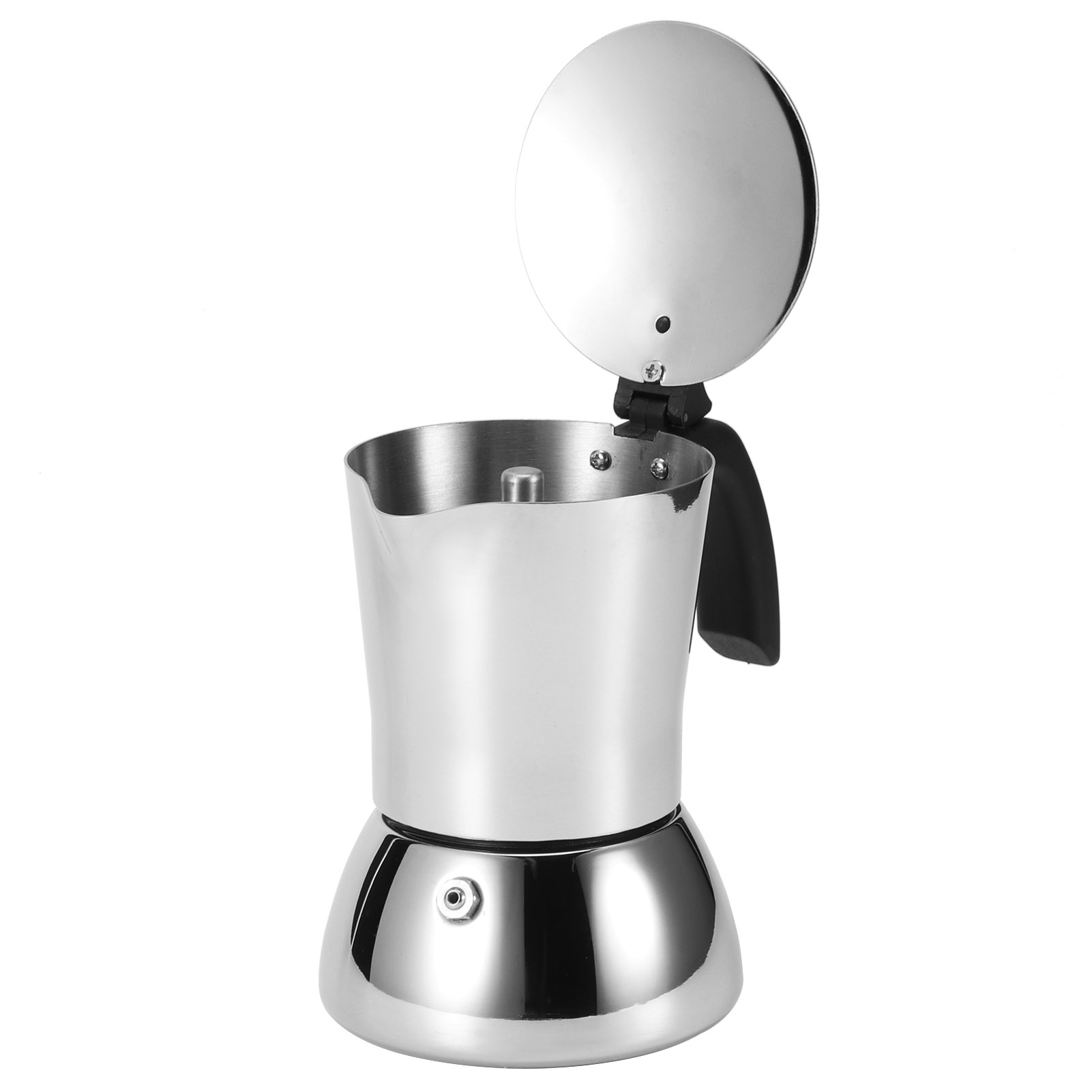 Eine Espressokanne aus Edelstahl mit offenem Deckel. Schwarzer Griff. Isoliert auf weißem Hintergrund. Glänzend und reflektierend.
