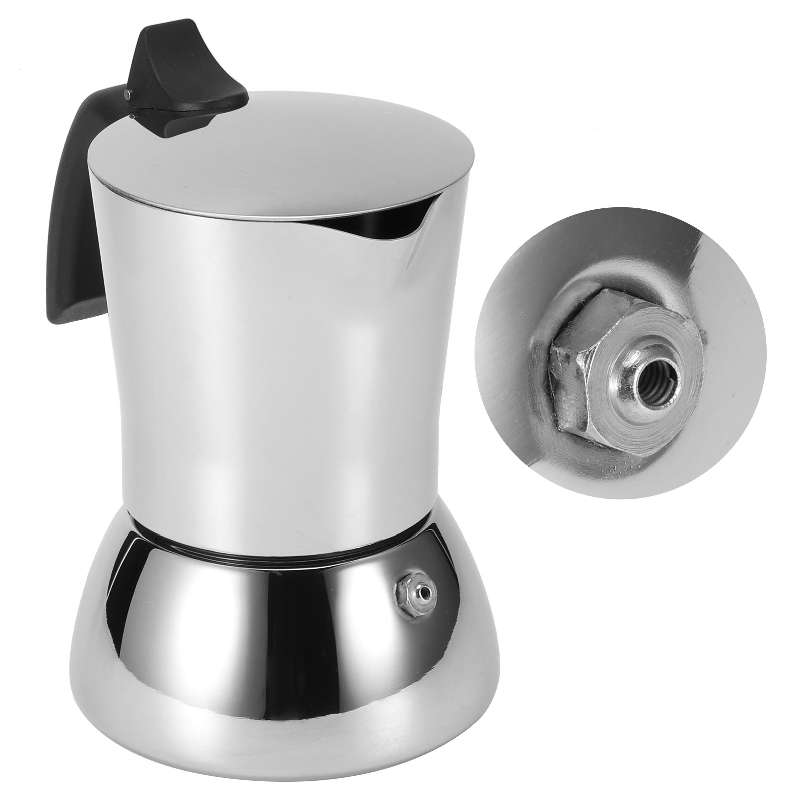 Gezeigt wird ein Espressokocher aus Edelstahl. Rechts ist eine Nahaufnahme einer Schraube zu sehen.