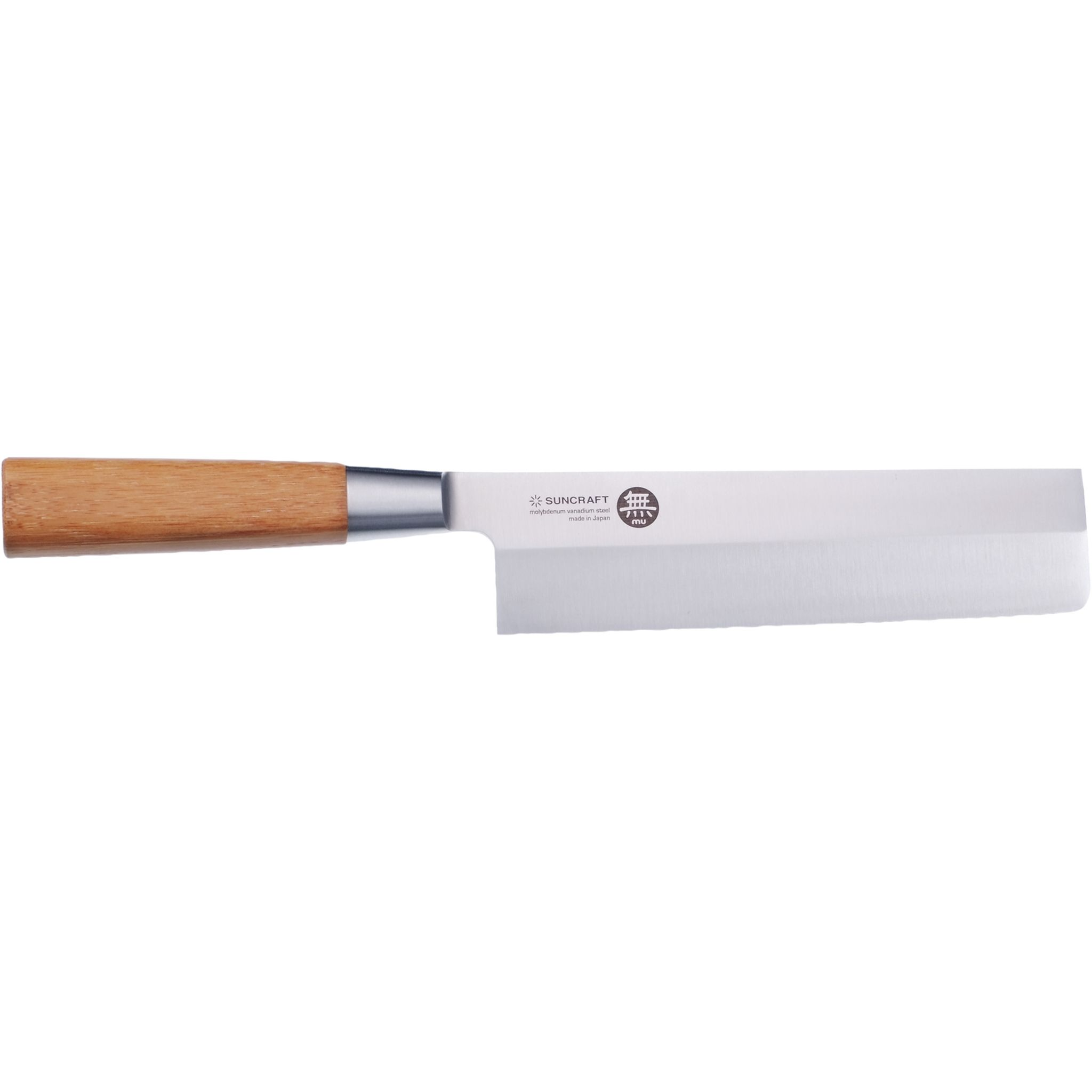 Ein japanisches Küchenmesser mit Holzgriff und breiter, silberner Klinge. Es ist auf weißem Hintergrund.