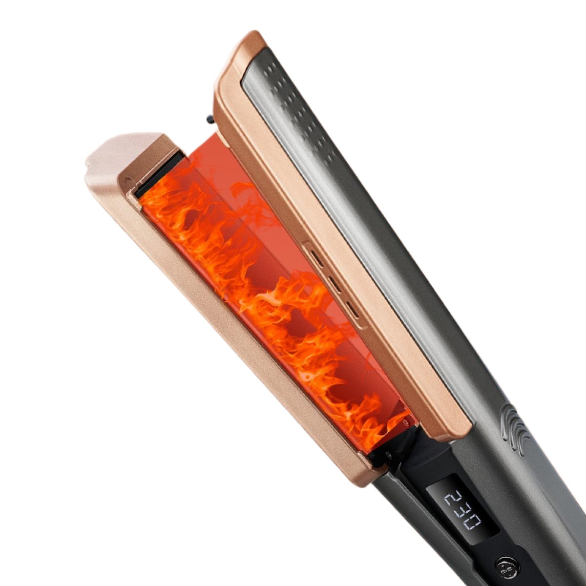 Ein teilweise geöffnetes Glätteisen, wobei die Heizplatte orange leuchtet. Das Display zeigt 230. Das Eisen hat goldene und schwarze Akzente.
