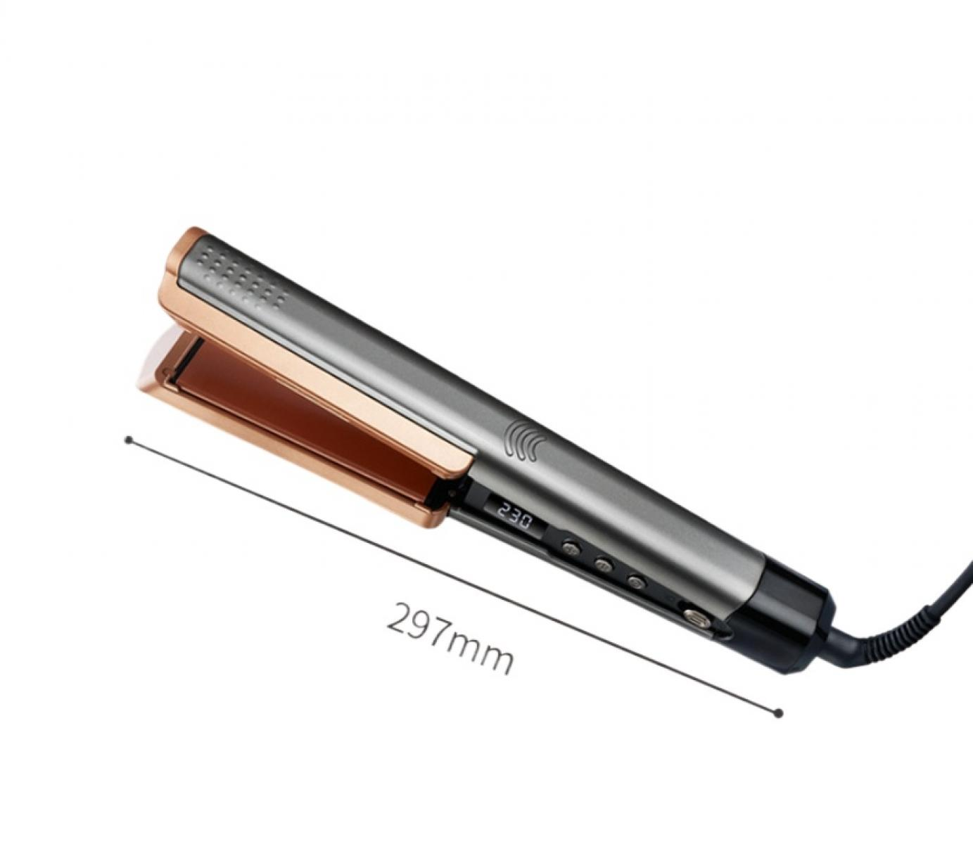 Ein Haarglätter mit Gold- und Silberdetails, die Größe beträgt 297 mm, mit einem schwarzen Kabel. Die Temperatur beträgt 230 Grad.