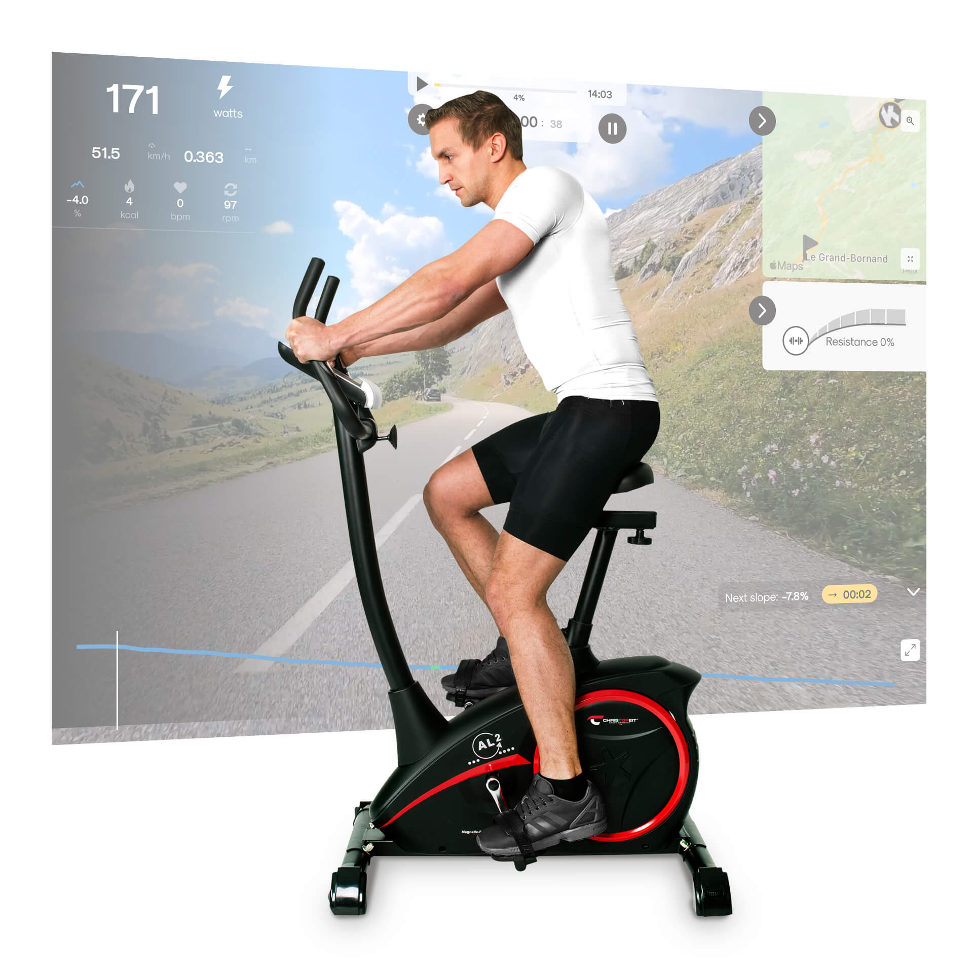 Mann fährt auf einem Heimtrainer. Anzeige zeigt Statistiken und eine Straßenkarte. Das Fahrrad ist schwarz und rot.