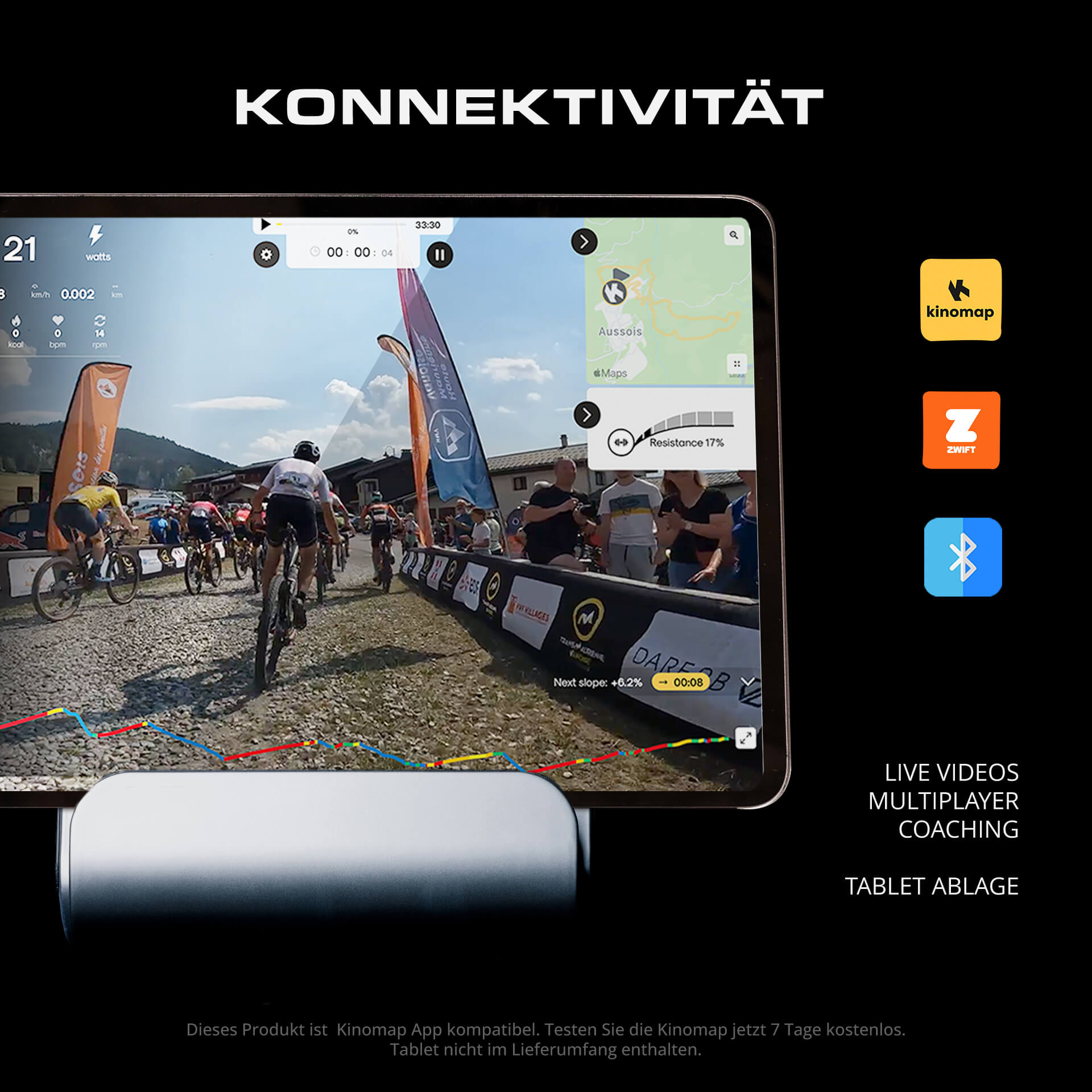 Ein Tablet zeigt ein Radrennen. Radfahrer fahren auf einer steinigen Straße. App-Icons und Text überlagern den schwarzen Hintergrund.