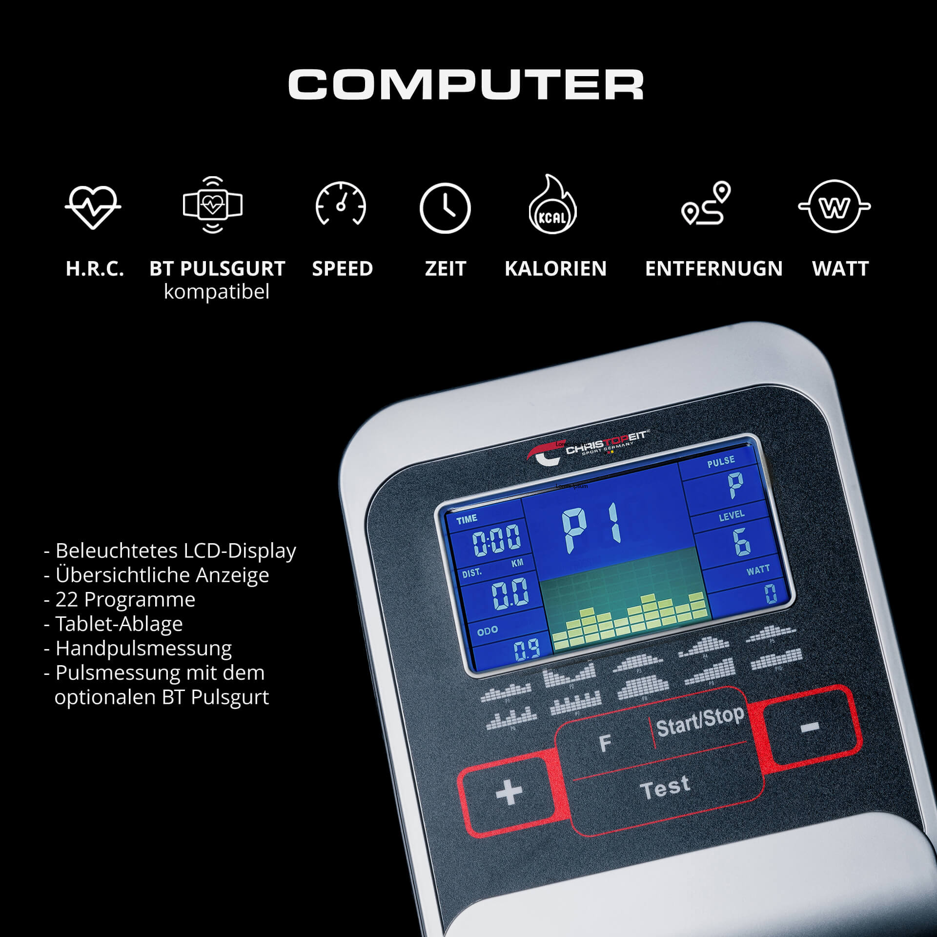 Der Computer eines Fitnessgeräts zeigt Zeit, Distanz und Pulsdaten an. Knöpfe, ein Bildschirm und Symbole sind sichtbar.