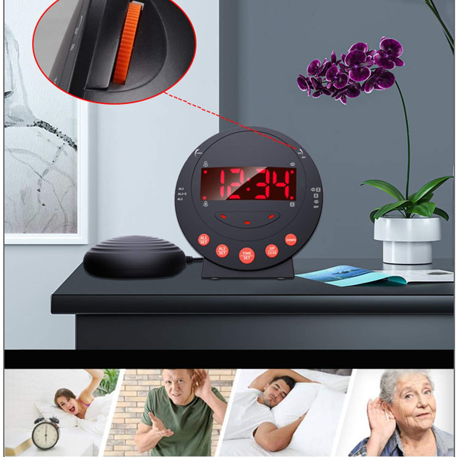 Schwarzer Wecker mit roter Digitalanzeige, lila Blumen, einem schwarzen Pad und vier Bildern von Menschen.