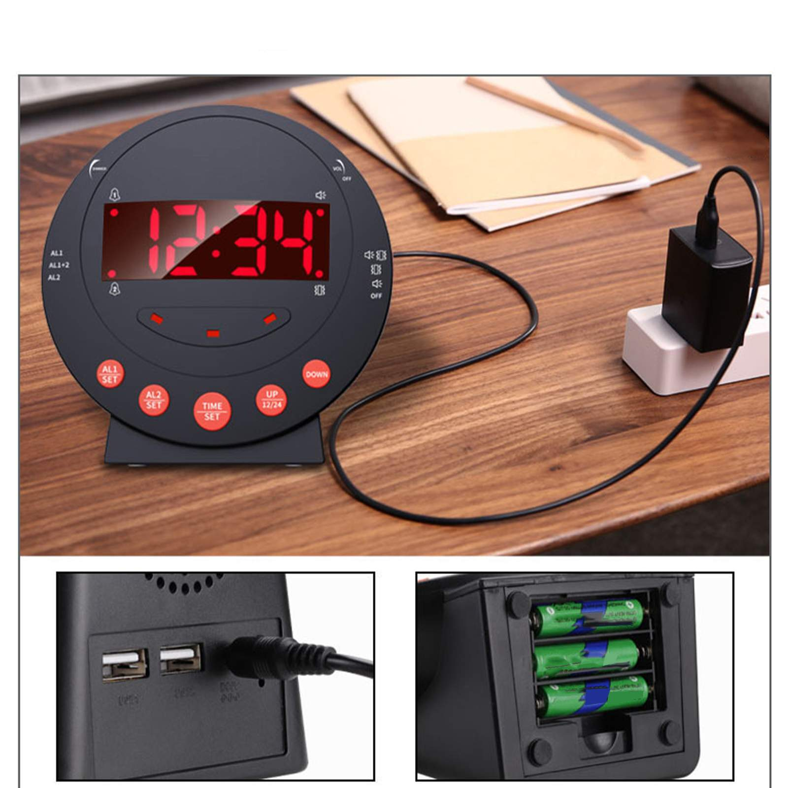 Schwarzer digitaler Wecker, der 12:34 anzeigt. Er steht auf einem Holztisch neben einem Netzteil, mit zusätzlichen Nahaufnahmen.