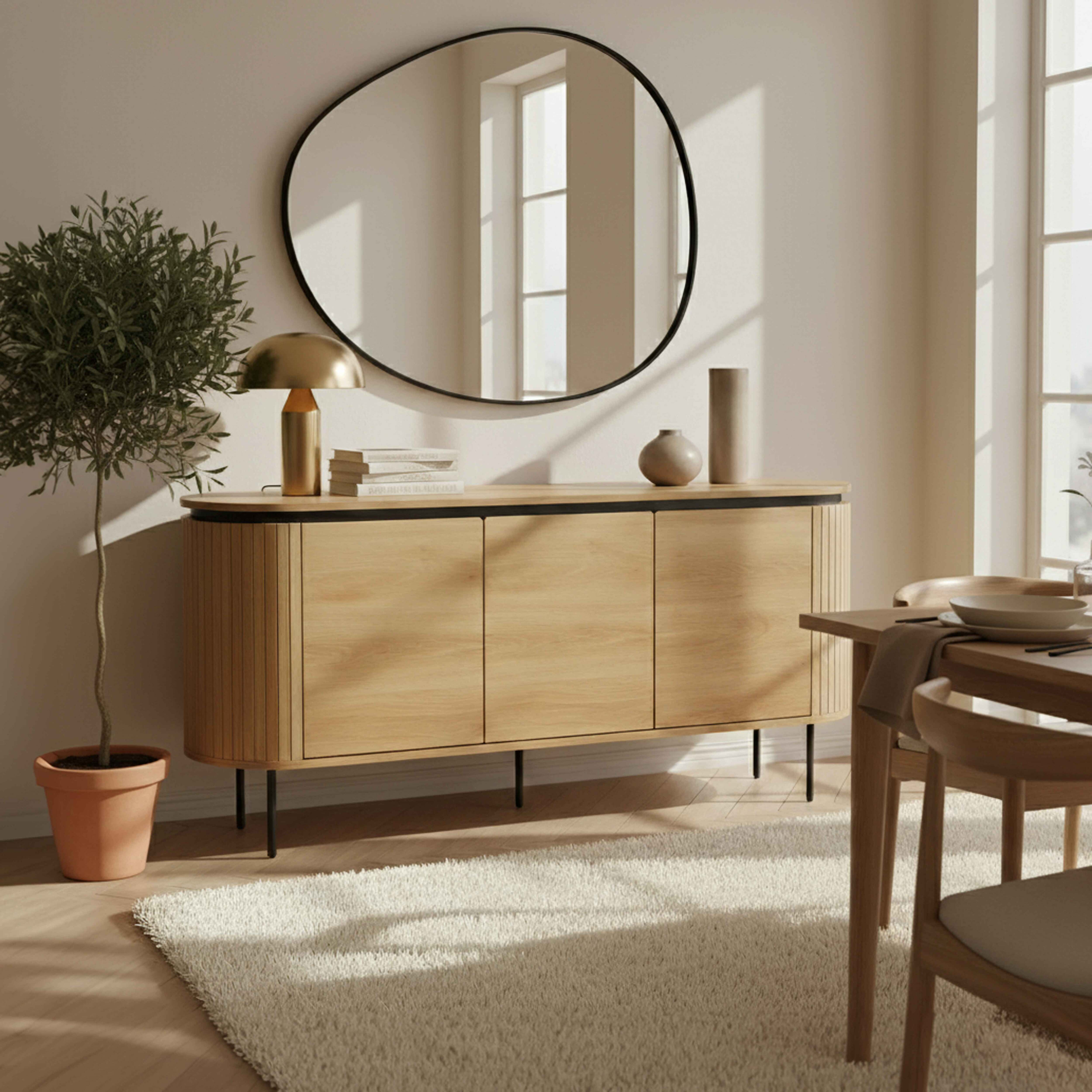 Ein Esszimmer mit Schrank, Spiegel, Pflanze und Tisch. Der Raum hat ein neutrales Farbschema und natürliches Licht.