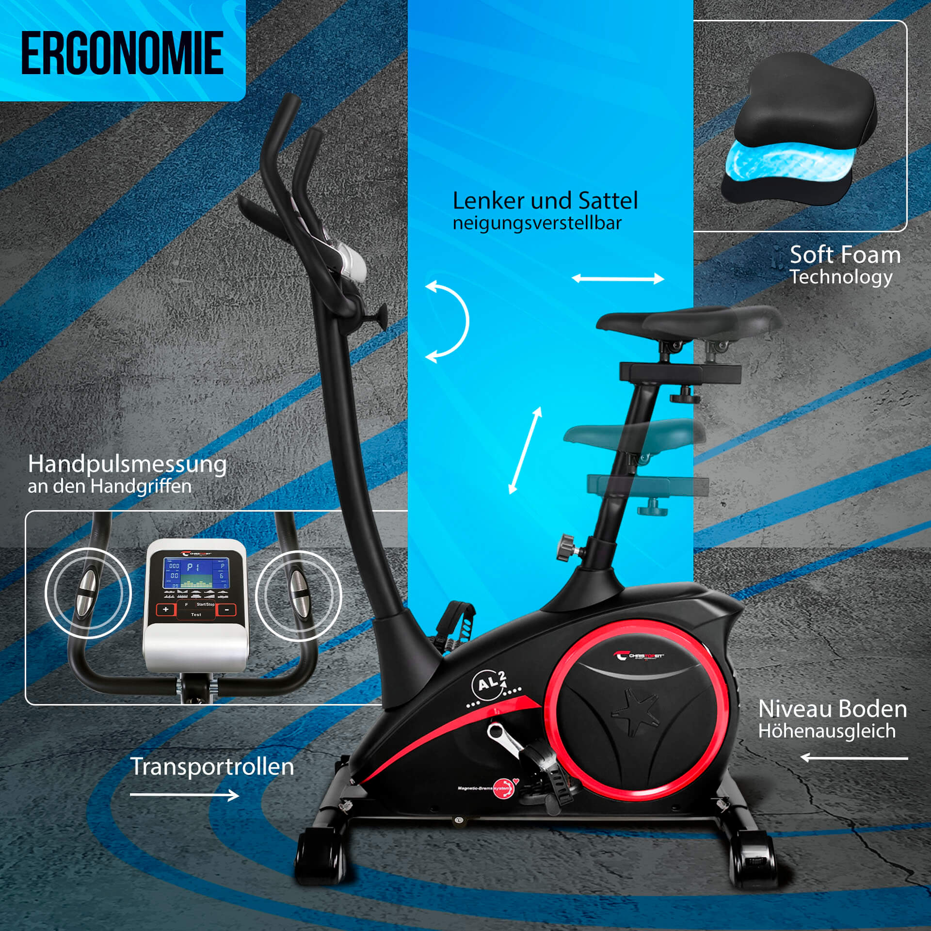 Ein Heimtrainer mit verstellbarem Lenker und Sattel, Soft-Foam-Technologie und Anzeige für die Pulsmessung ist abgebildet.