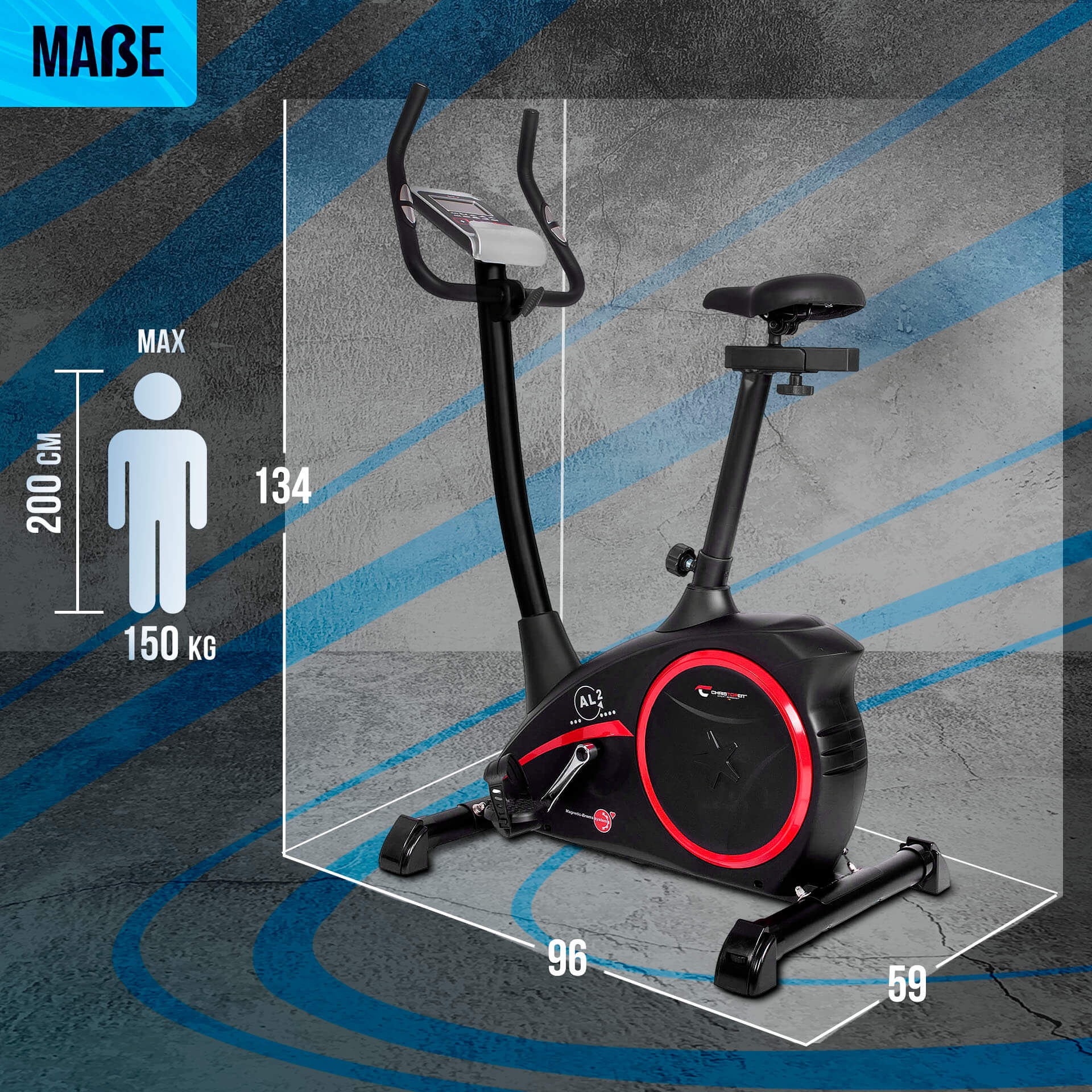 Ein Heimtrainer mit schwarzem Rahmen und roten Akzenten. Abmessungen sind um das Fahrrad herum angegeben. Hintergrund blaue diagonale Linien.