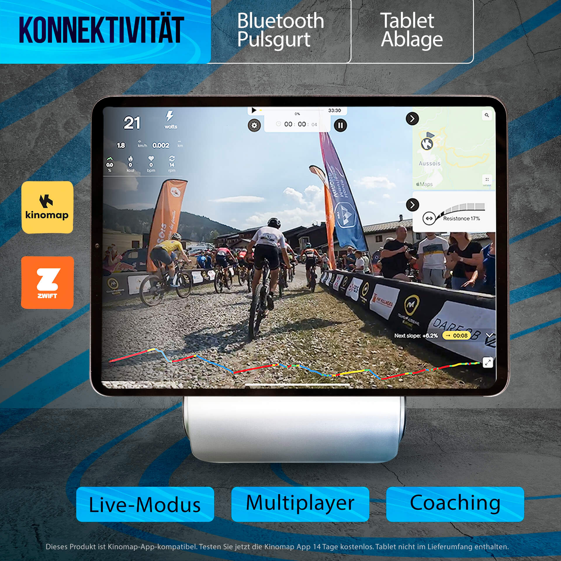Tablet zeigt Radfahr-App mit Radfahrern, Statistiken und Karte. Bietet Bluetooth, Live-Modus, Multiplayer und Coaching-Optionen.