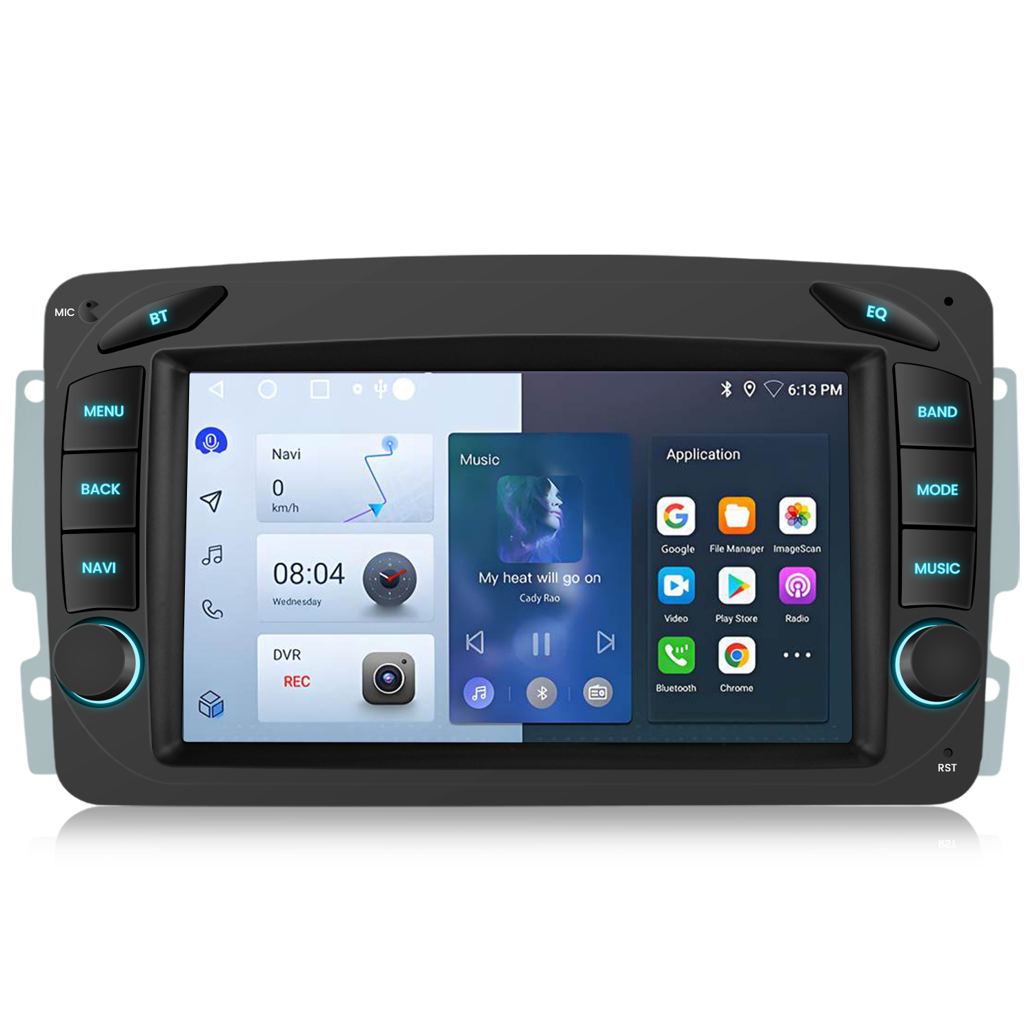 Auto-Multimedia-System mit schwarzem Rahmen, Touchscreen mit Apps, Navigation, Musik und Uhrzeit. Knöpfe um den Bildschirm.