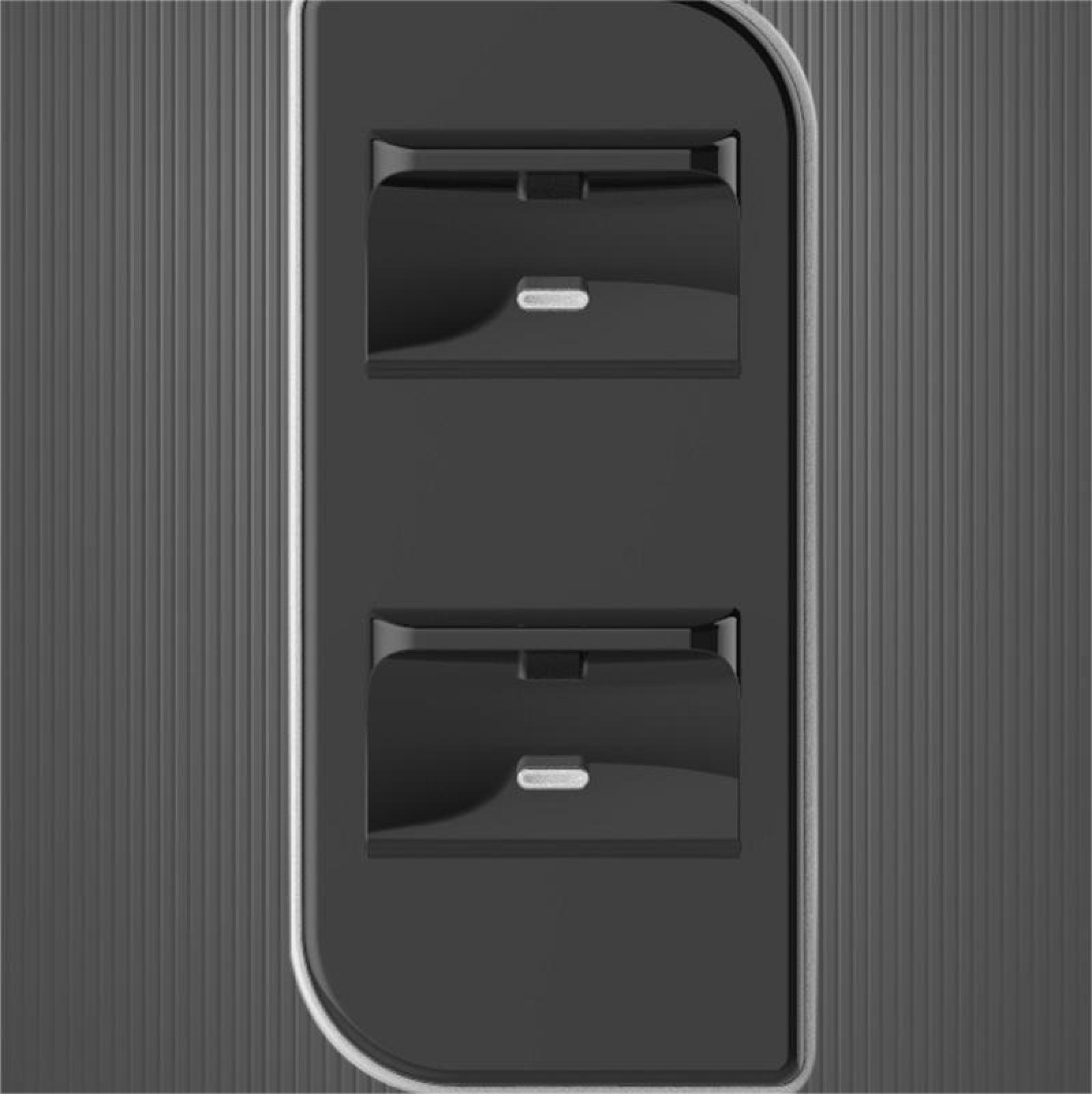 Eine schwarze Ladestation mit zwei Docks. Jedes Dock hat ein kleines weißes Kontrolllicht. Der Hintergrund ist eine strukturierte graue Platte.