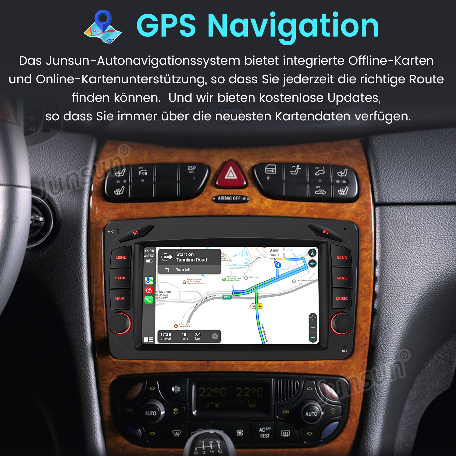 Auto-Armaturenbrett mit GPS-Navigation, die eine Karte anzeigt. Tasten und Bedienelemente sind sichtbar, einschließlich Temperaturanzeige.