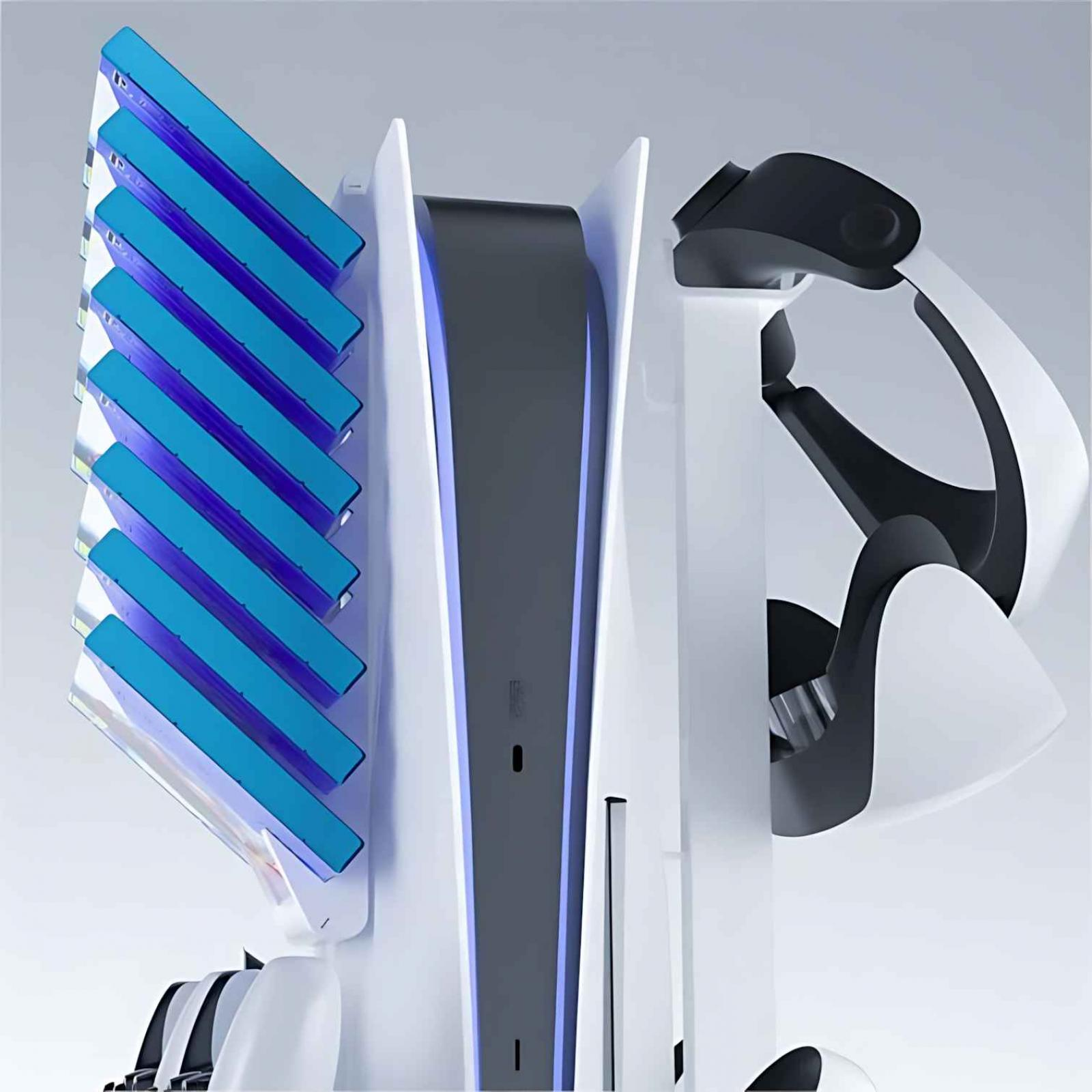 Ein weißer Spielkonsolenständer mit PS5 und VR-Headset. Verfügt über blaue Spielhüllen und ein schlankes Design.