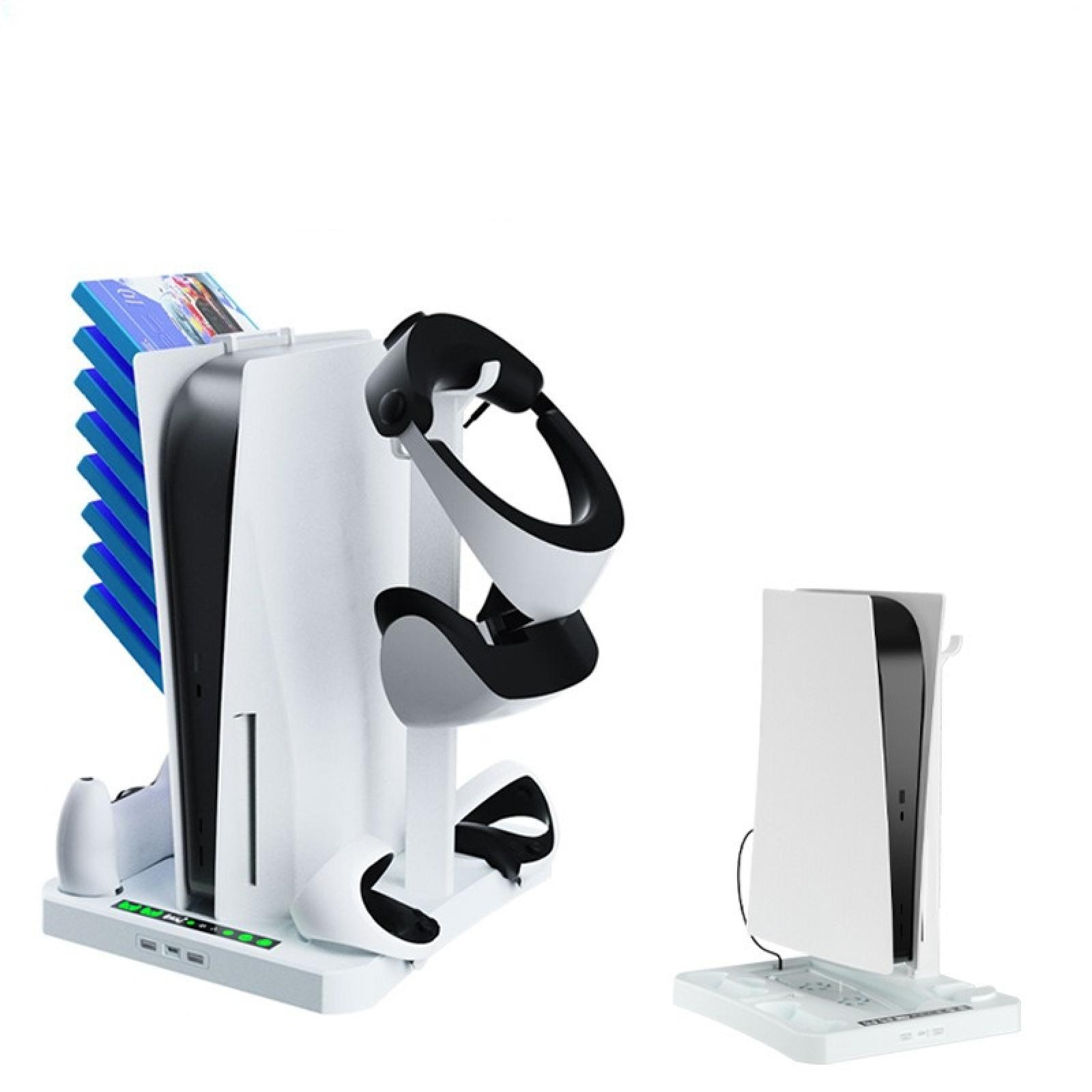 Weißer PlayStation 5-Ständer mit Headset-Halter, Spiel-Disc-Steckplätzen und einem separaten Konsolenständer auf weißem Hintergrund.