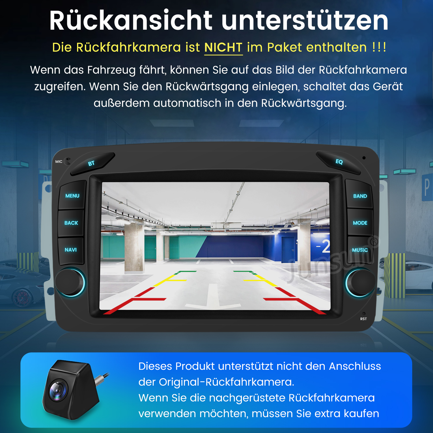 Multimedia-Bildschirm, der eine Parkhausansicht mit Führungslinien zeigt. Eine kleine Kamera befindet sich unten links.