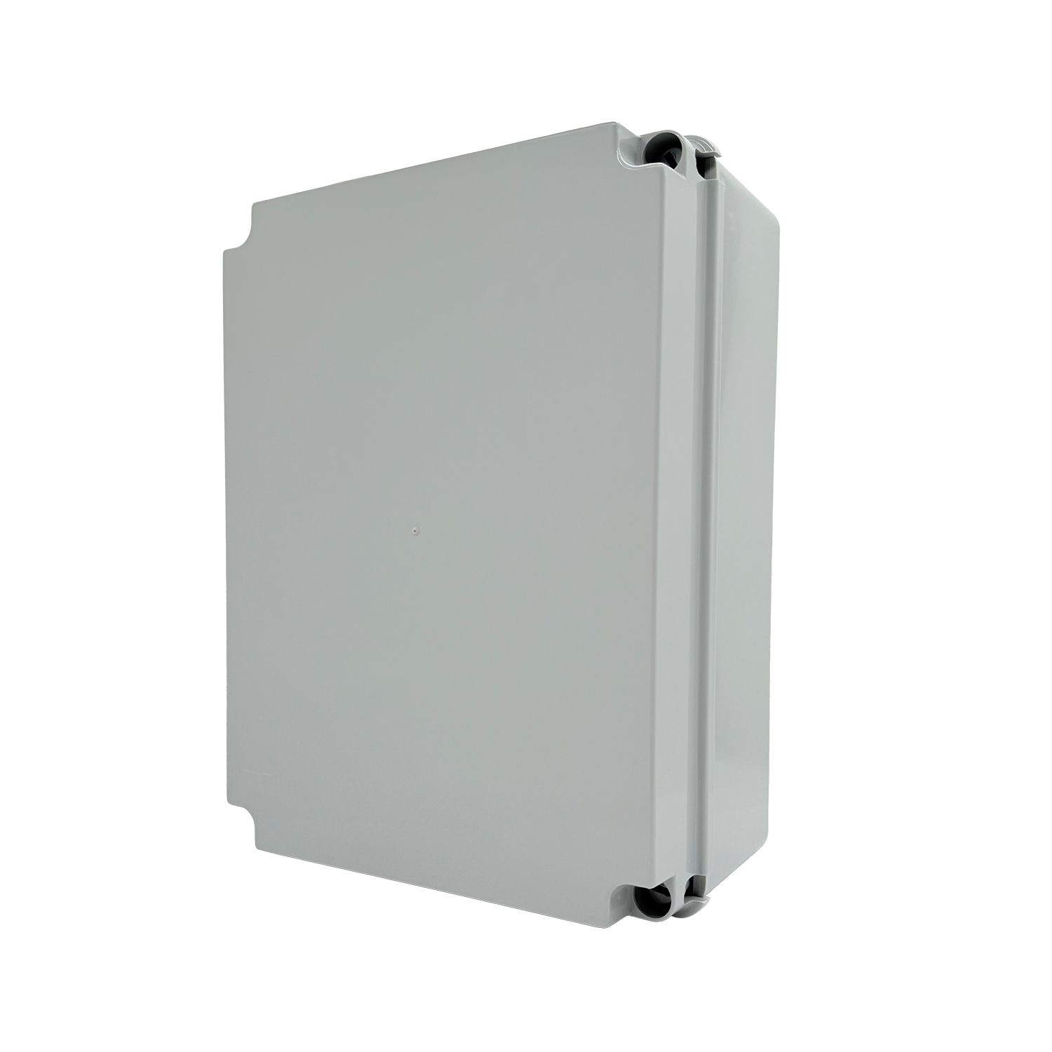 Eine hellgraue elektrische Gehäusebox vor weißem Hintergrund. Die Box hat eine rechteckige Form mit abgerundeten Ecken.