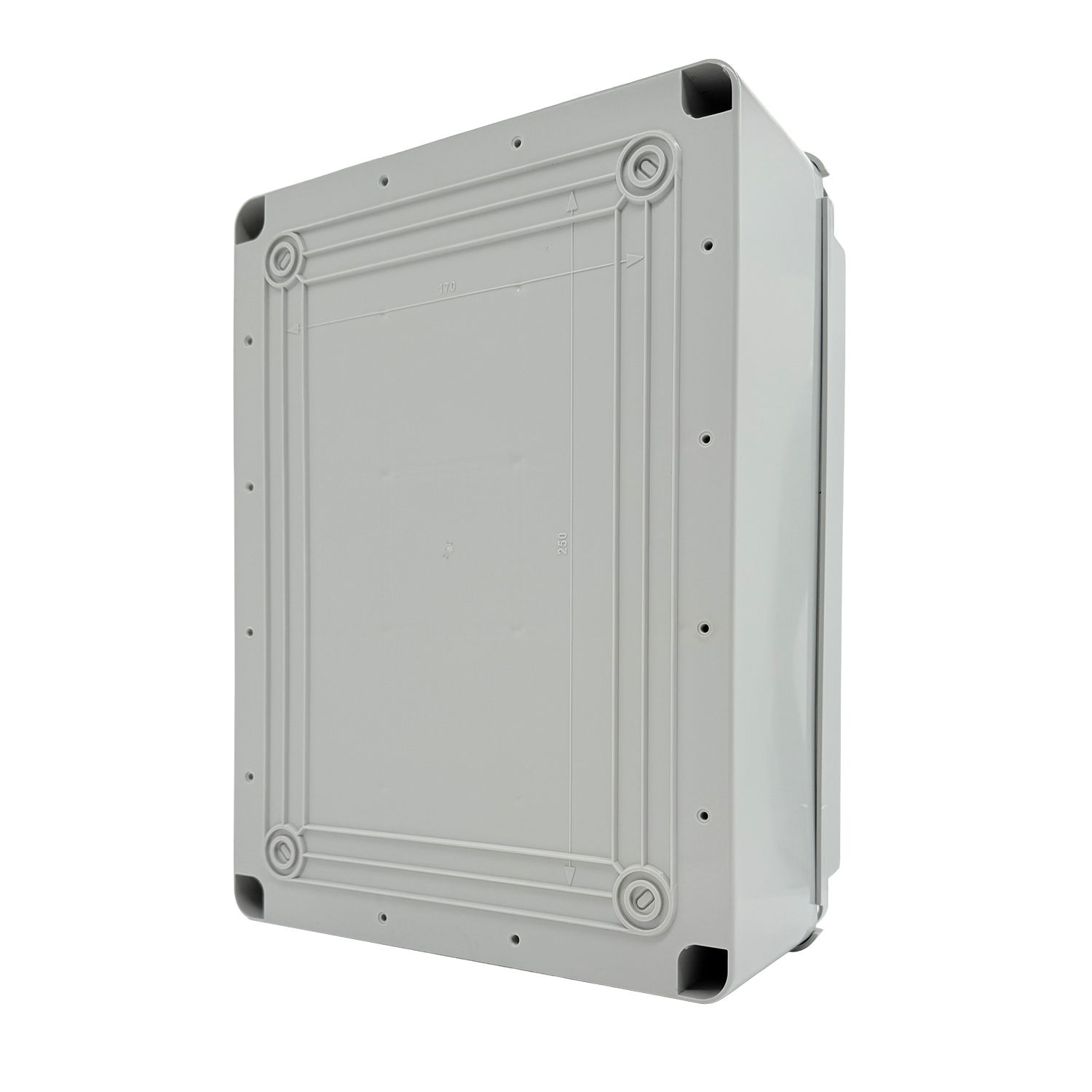 Graue, rechteckige elektrische Gehäusebox, leicht angewinkelt. Es hat abgerundete Ecken, Befestigungslöcher und ein geripptes Design.