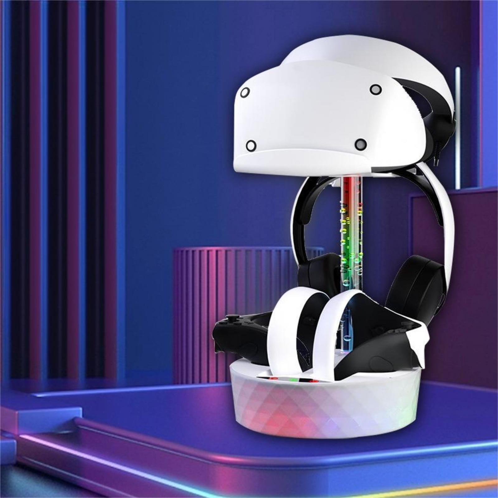 Weißes VR-Headset auf einem Ständer mit Controllern. Es hat eine farbenfrohe Lichtbasis. Der Hintergrund ist blau und lila.