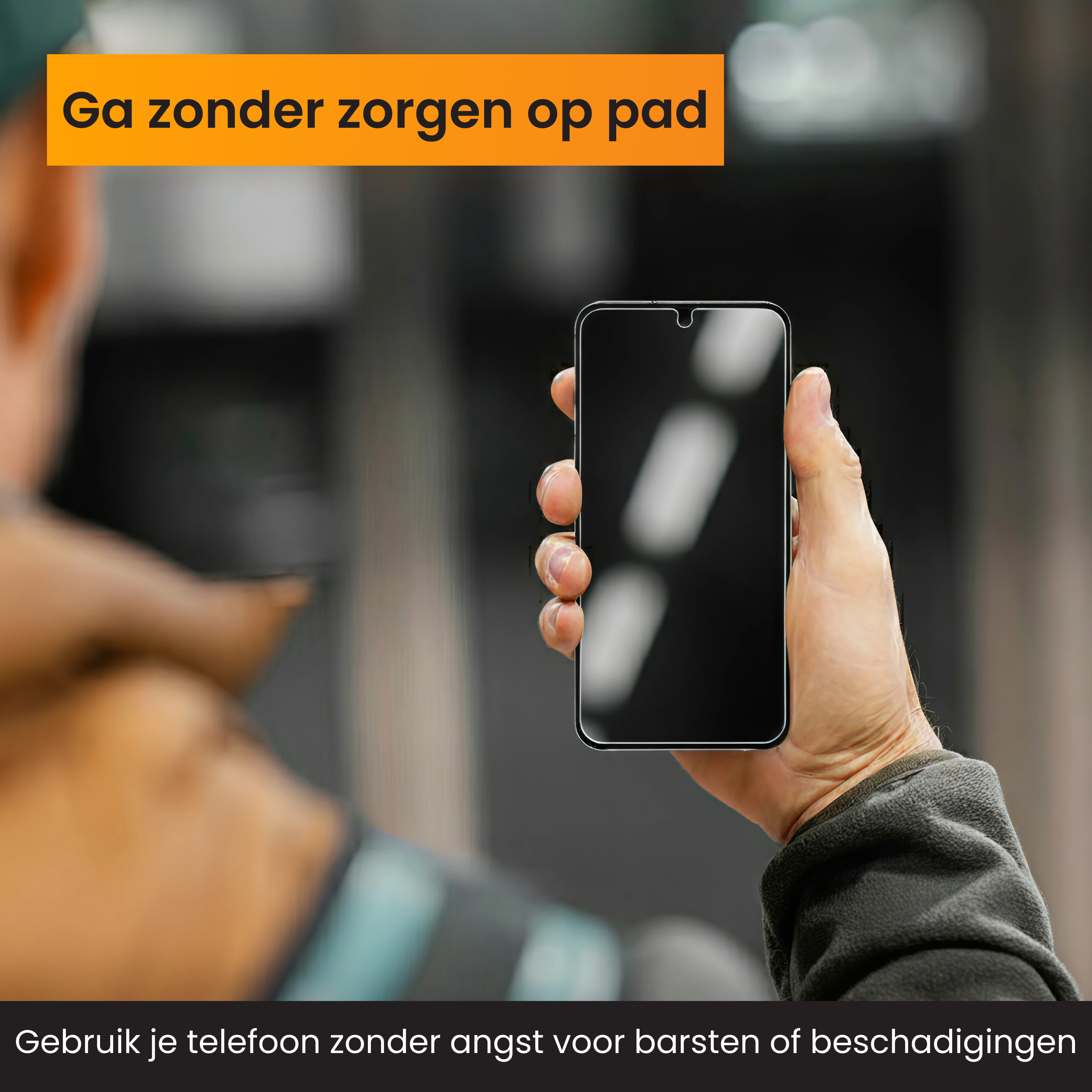 Une main tient un smartphone avec un écran noir. Le texte orange en haut dit : « Allez sans soucis ».