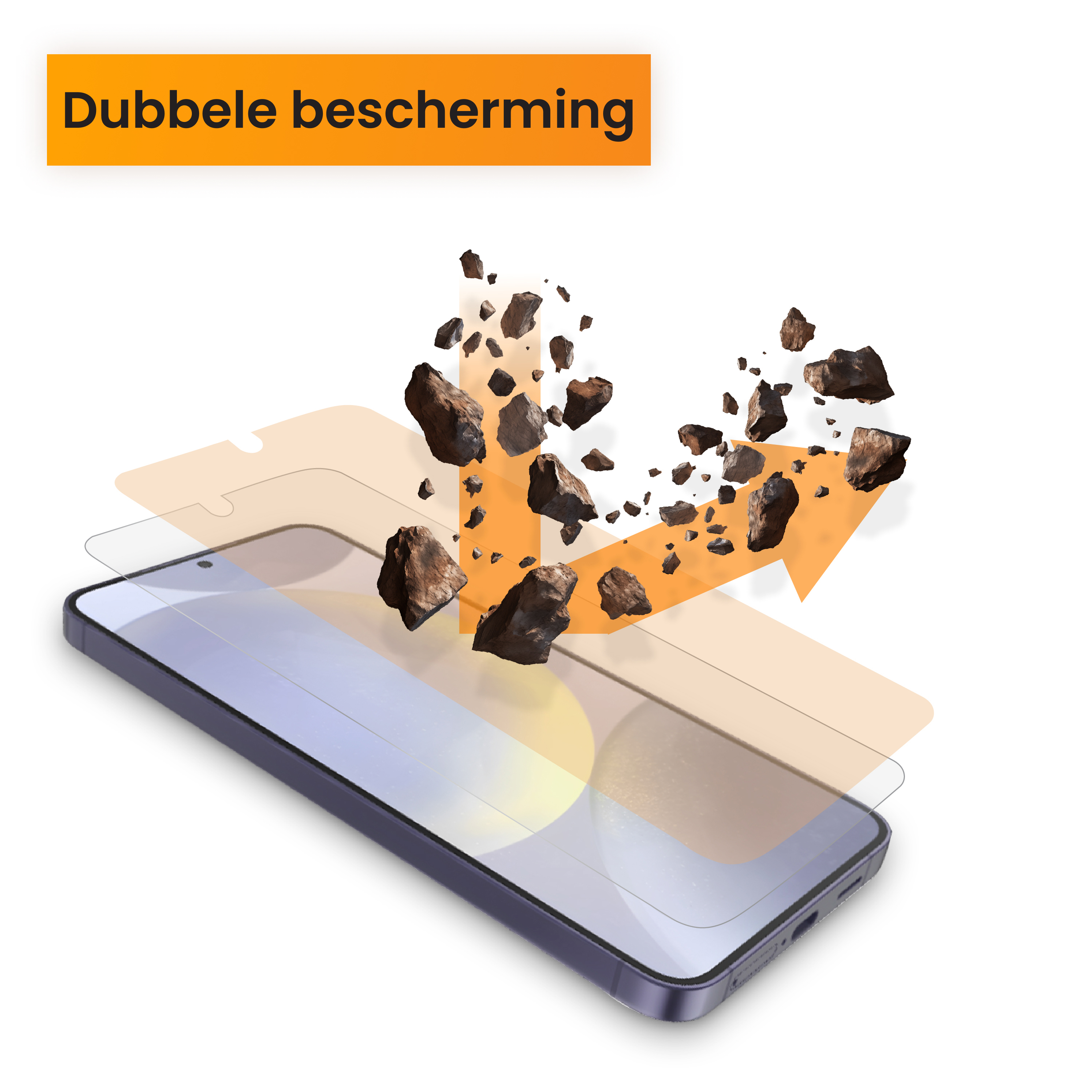 Téléphone avec protecteur d'écran, des roches brunes tombent, flèche orange pointant vers les roches, texte orange en haut.