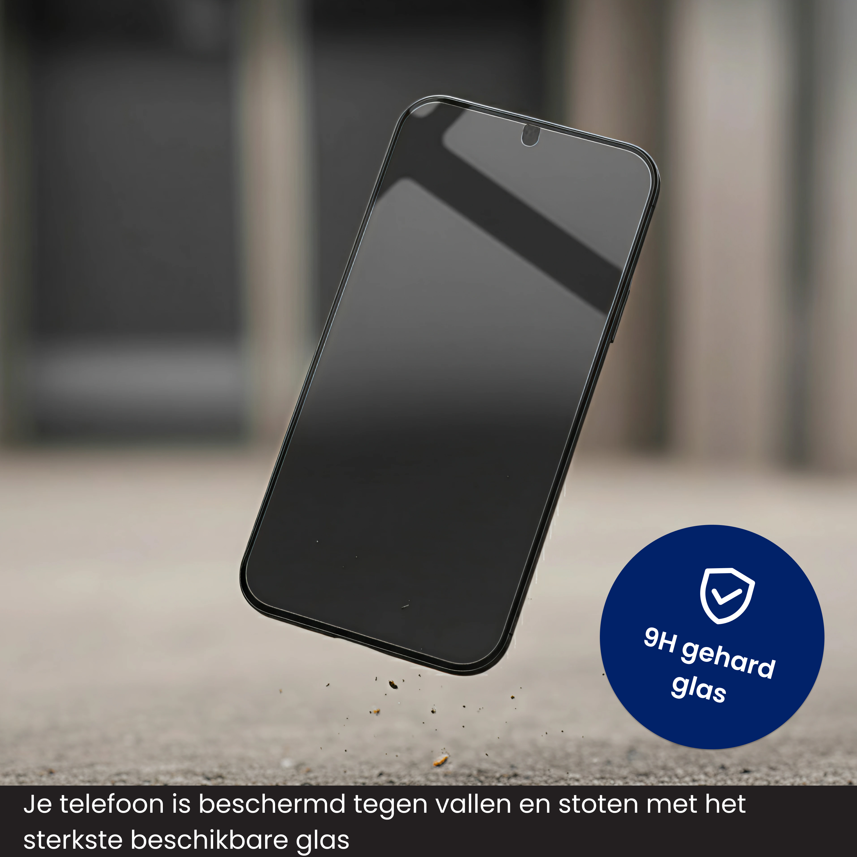 Un protecteur d'écran noir pour smartphone semble flotter. Un cercle bleu foncé porte le texte '9H verre trempé'.