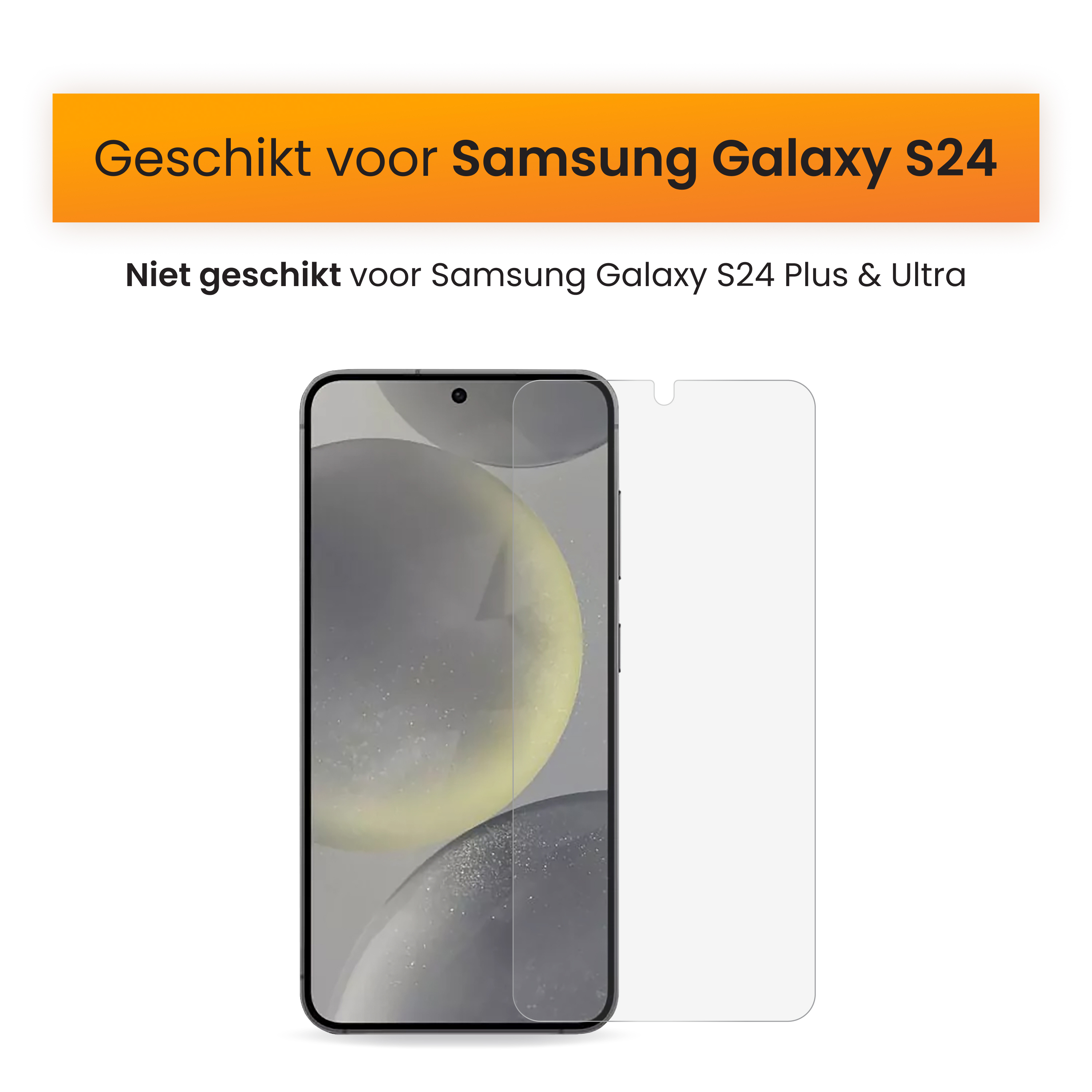 A phone screen protector for Samsung Galaxy S24. Text says it's not for Plus & Ultra models. White background.
