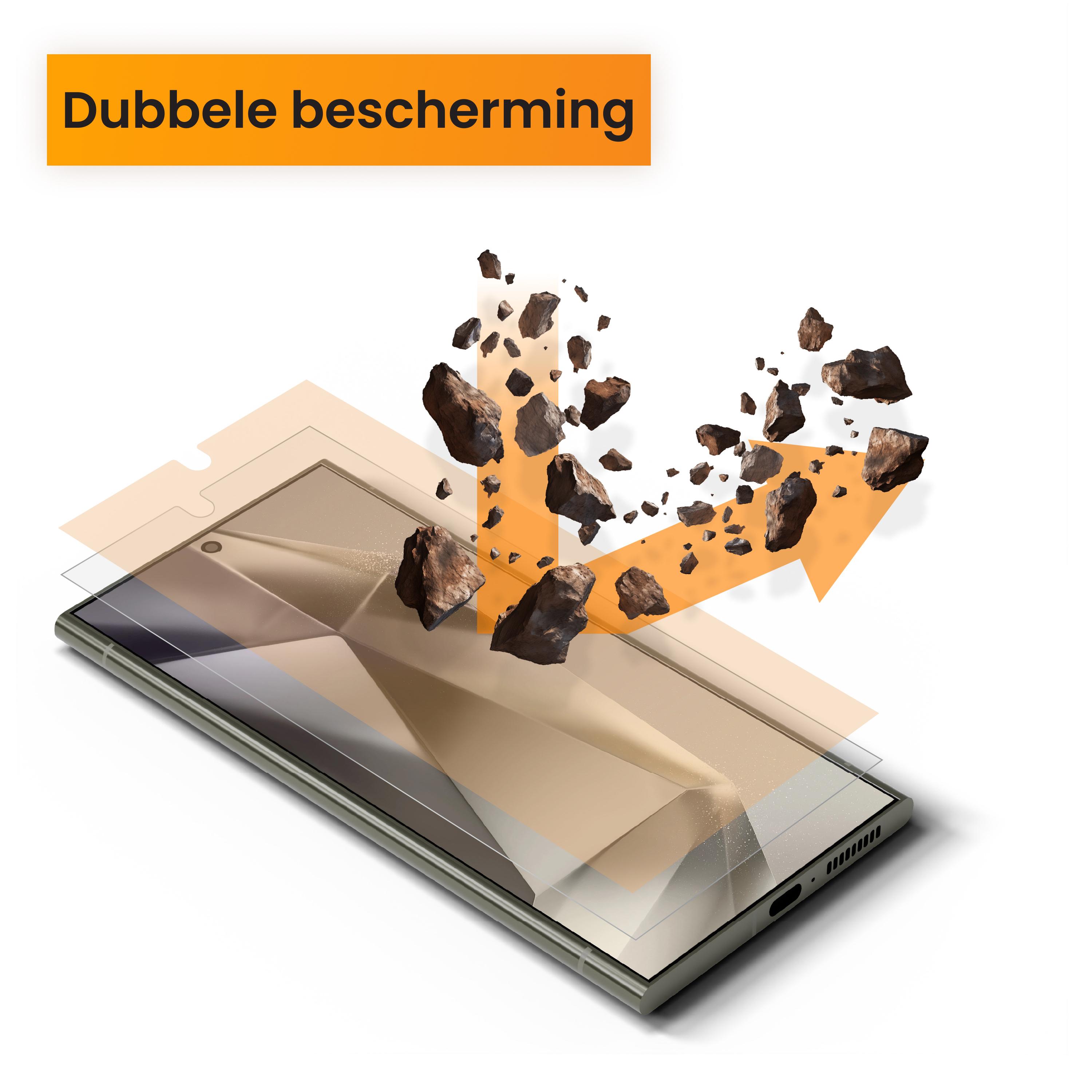 Un écran de téléphone avec une couche protectrice, avec des roches tombant dessus. Le texte dit 'Double protection'.