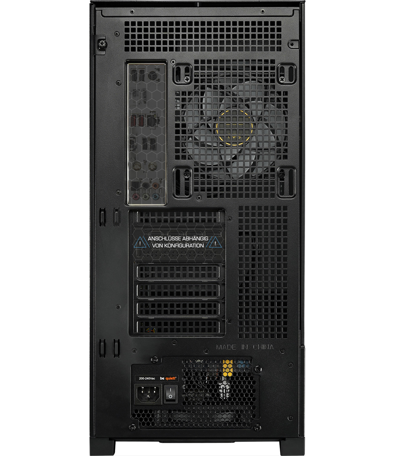 Schwarze Computergehäuse-Rückseite mit Lüfter, Anschlüssen und Netzteil. Text enthält 'be quiet!' und 'Made in China'.