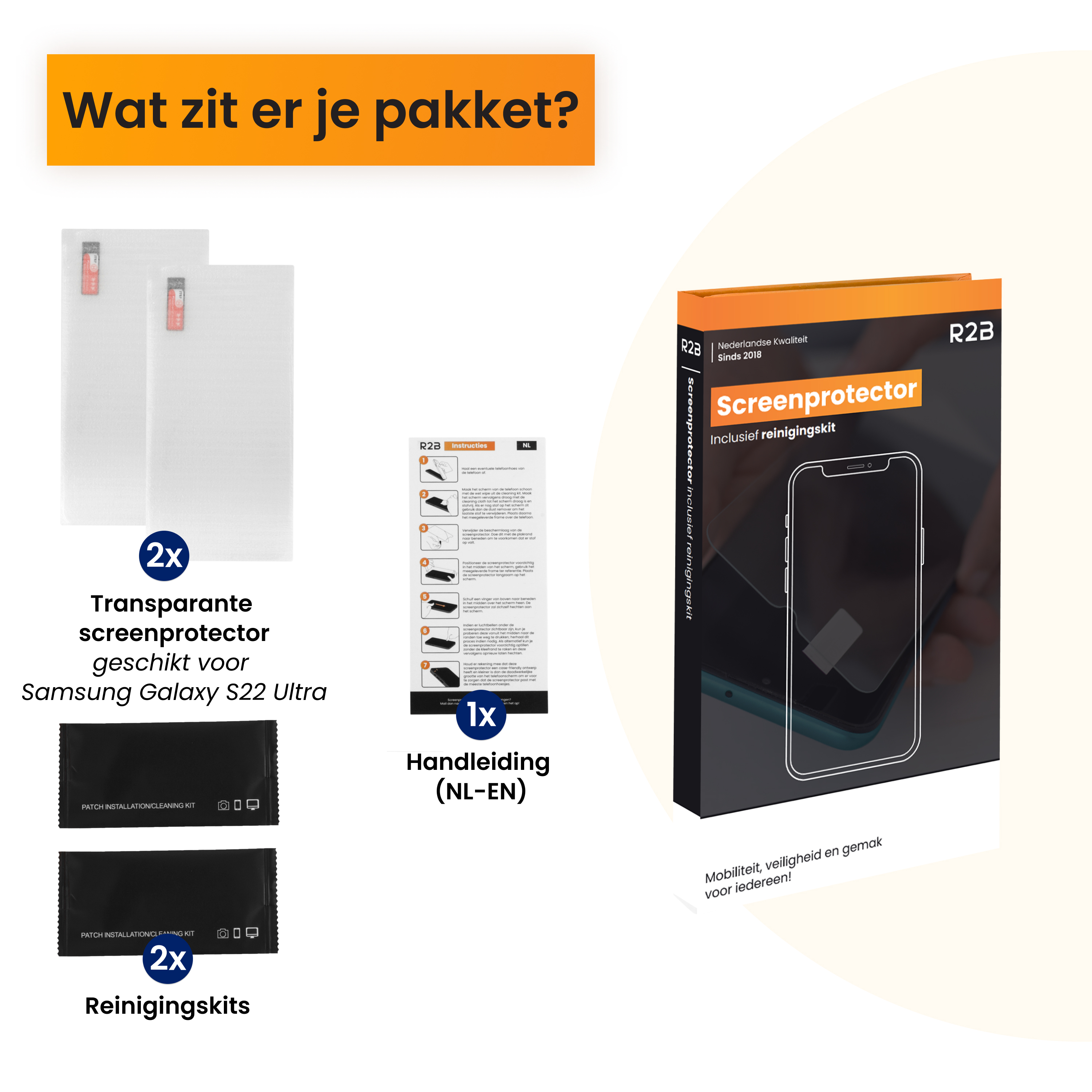 Contenu du paquet: protecteur d'écran, kit de nettoyage et instructions. Pour Samsung Galaxy S22 Ultra.