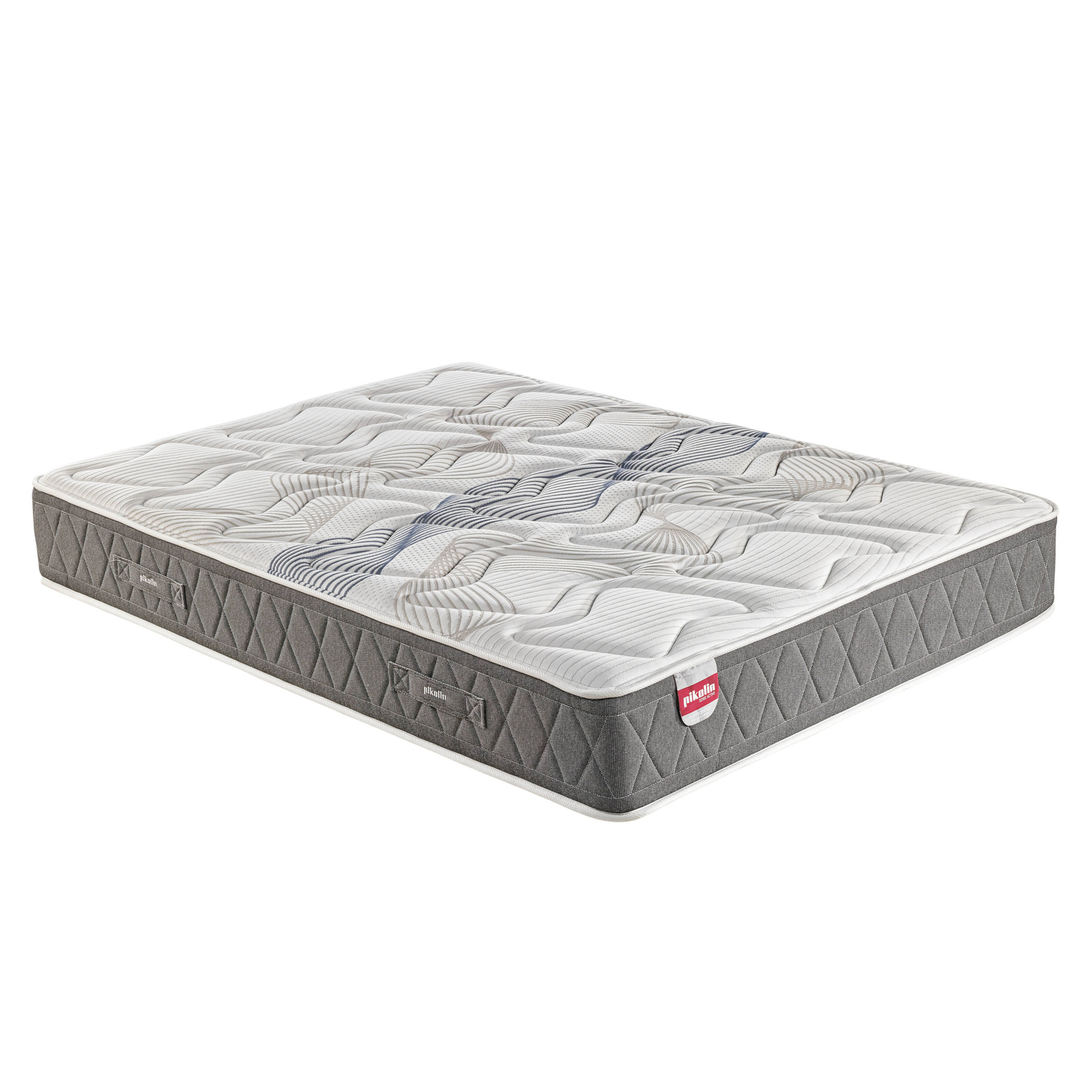 Un colchón rectangular con borde gris y parte superior estampada en blanco y azul. Etiqueta roja en el lateral con 'pikolin'.