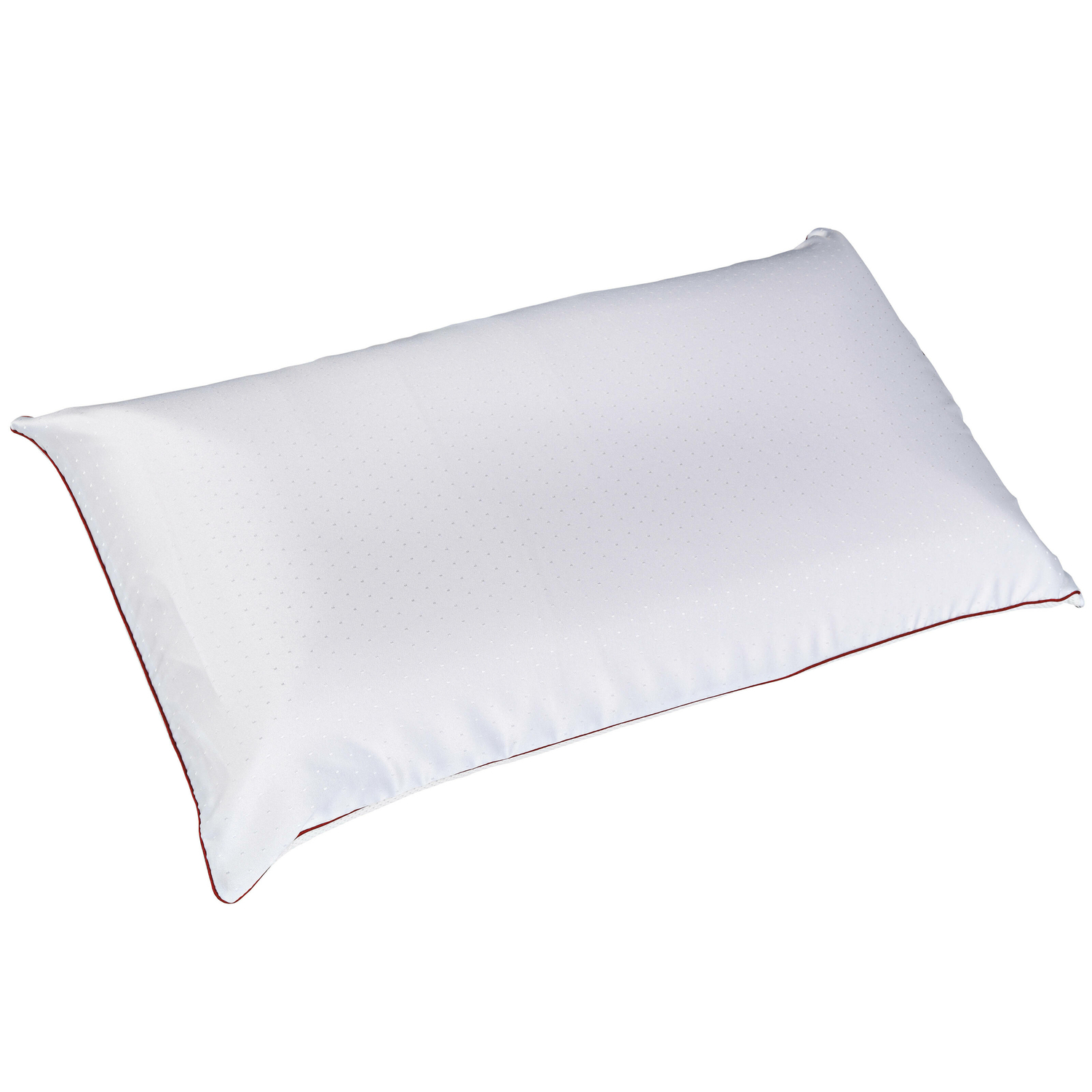 Almohada rectangular blanca con puntitos. Tiene un ribete rojo. La almohada está sobre un fondo blanco.
