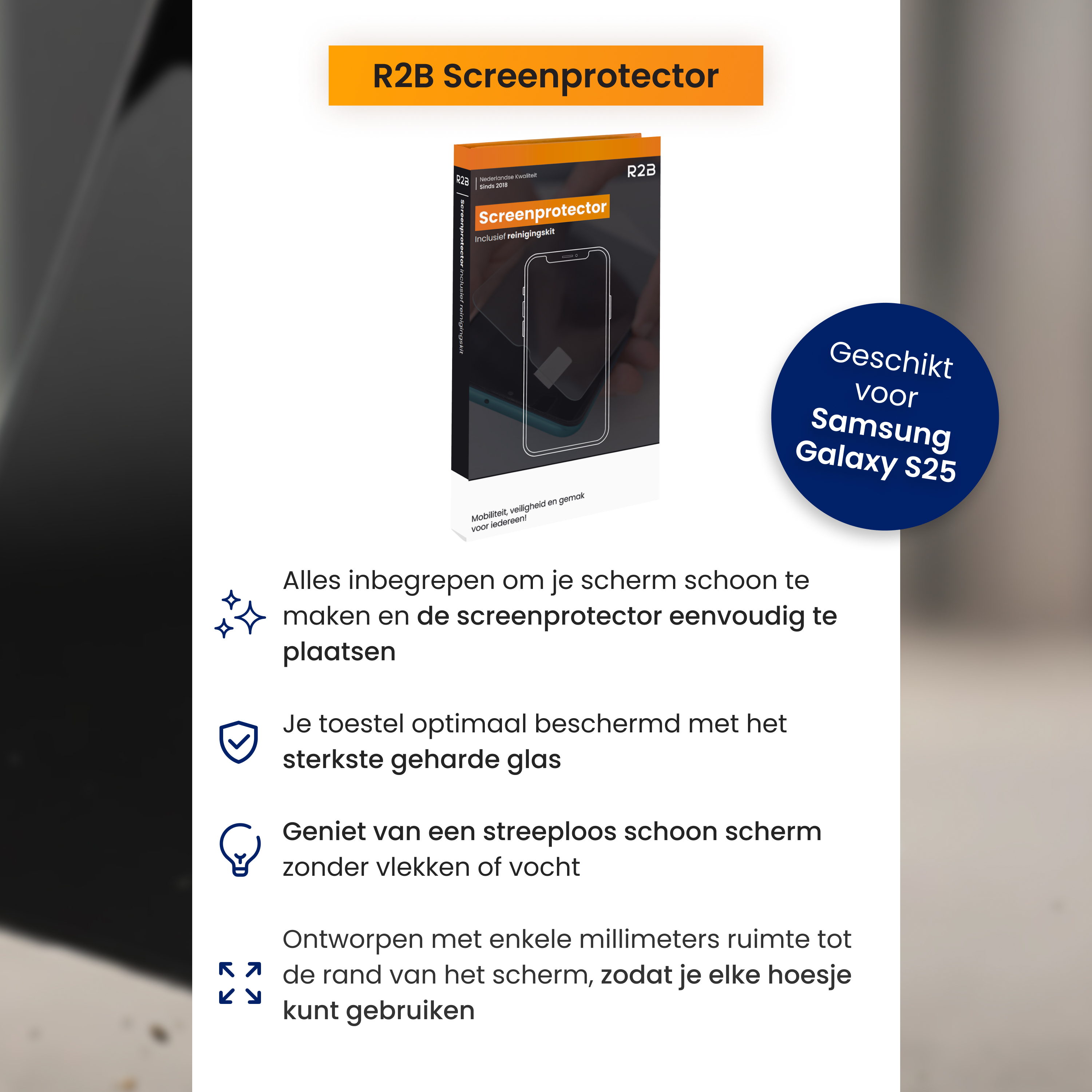 Boîte de protection d'écran R2B. Affiche un écran de téléphone, du texte et des icônes. Pour Samsung Galaxy S25.